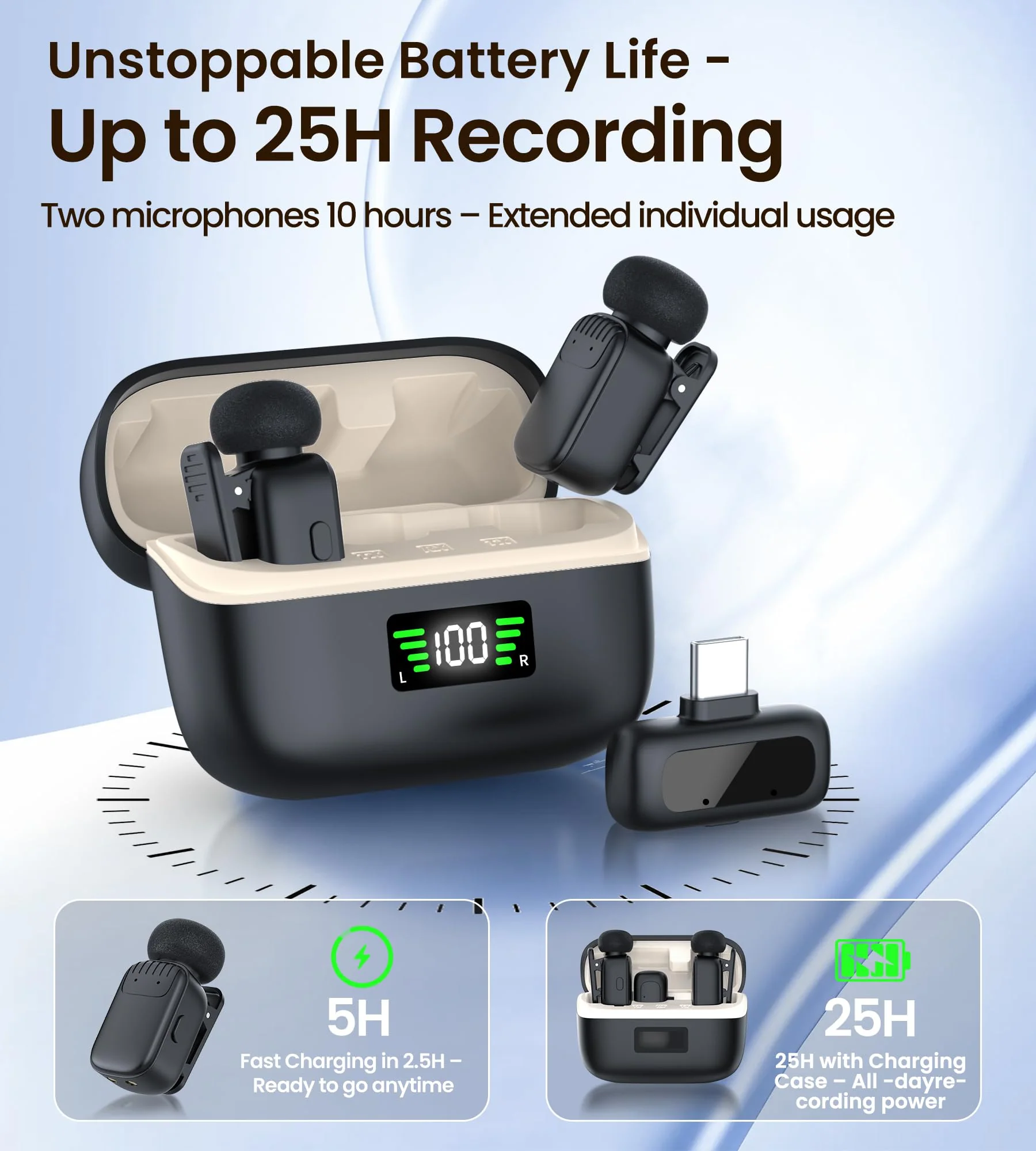 Mini Wireless Lavalier Microphone for iPhone/Android/PC with USB-C Plug, Noise Reduction, 25H Battery Life with Charging Case, Plug & Play, Tiny Mics for Vlogging & Podcast 2 TX + 1 RX + Black Charging Case - Image 6