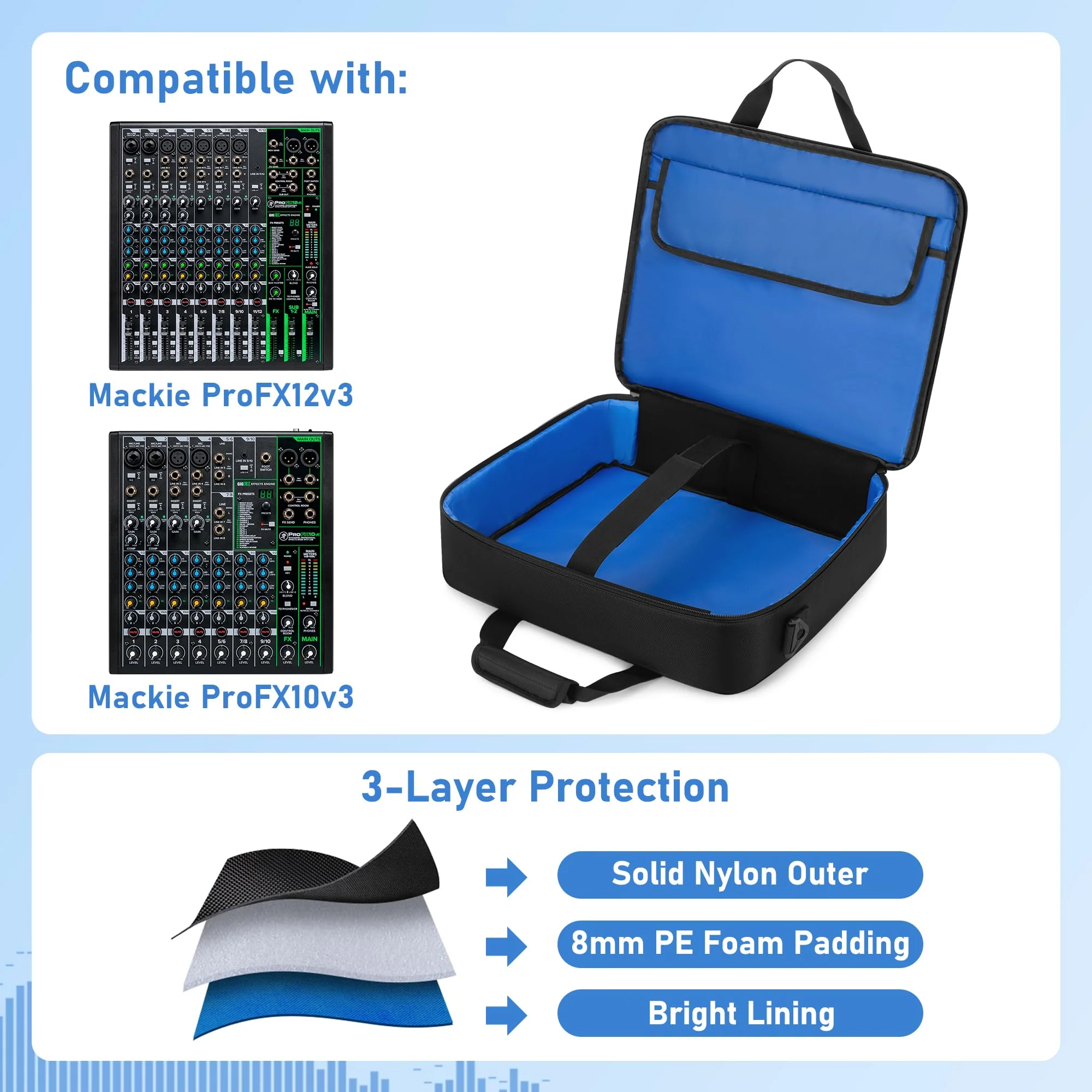Mixer Travel Bag Compatible with Mackie ProFX12v3/ProFX10v3, Audio Mixer Carrying Case with Multi-Pockets for Mics, Cables and More Equipment (Patented Design) - Image 2