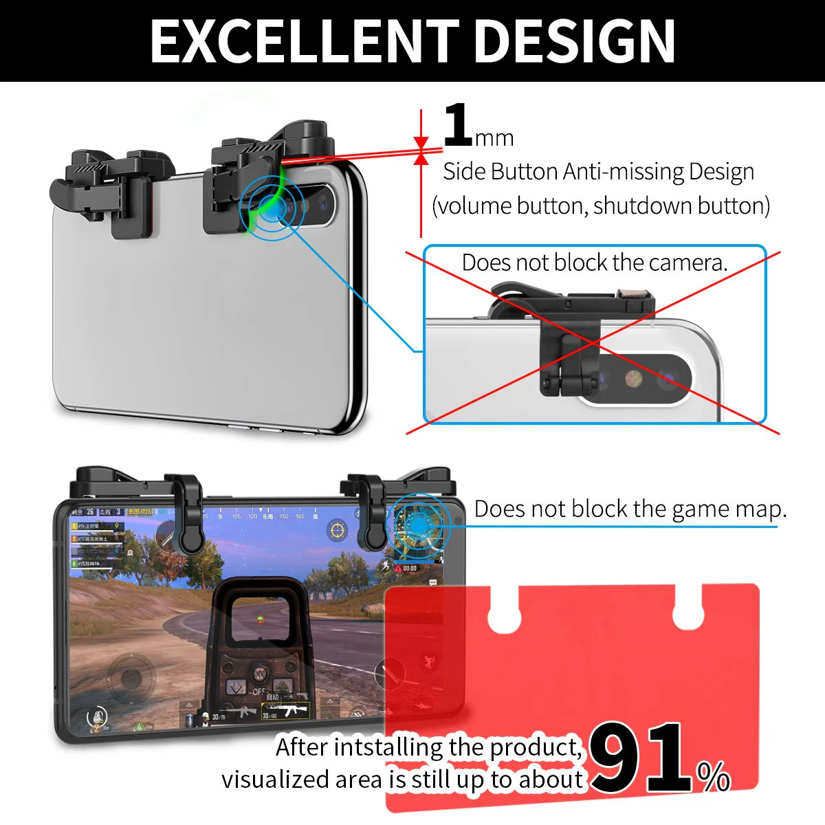 Mobile Game Trigger, Mobile Gaming Controller Compatible with PUBGG/Fortnitee/Call of Duty Mobile, Z108 Aim & Fire Triggers for iPhone and Android Phone, 2 Pair with 2 pcs Finger Sleeves Red 2 Pair with 2 pcs Red Finger Sleeves - Image 3