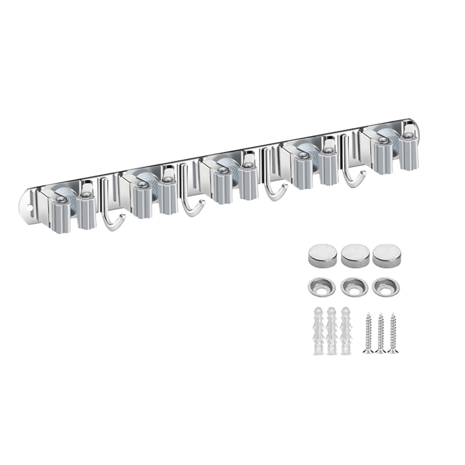 Mokife Broom Holder Wall Stainless Steel Garden Tool Holder Wall Mount with 5 Holders 4 Hooks Broom Holder Self-Adhesive Tool Holder Organiser for Kitchen Bathroom Garage Garden Office (5 Holders) 5 Halter