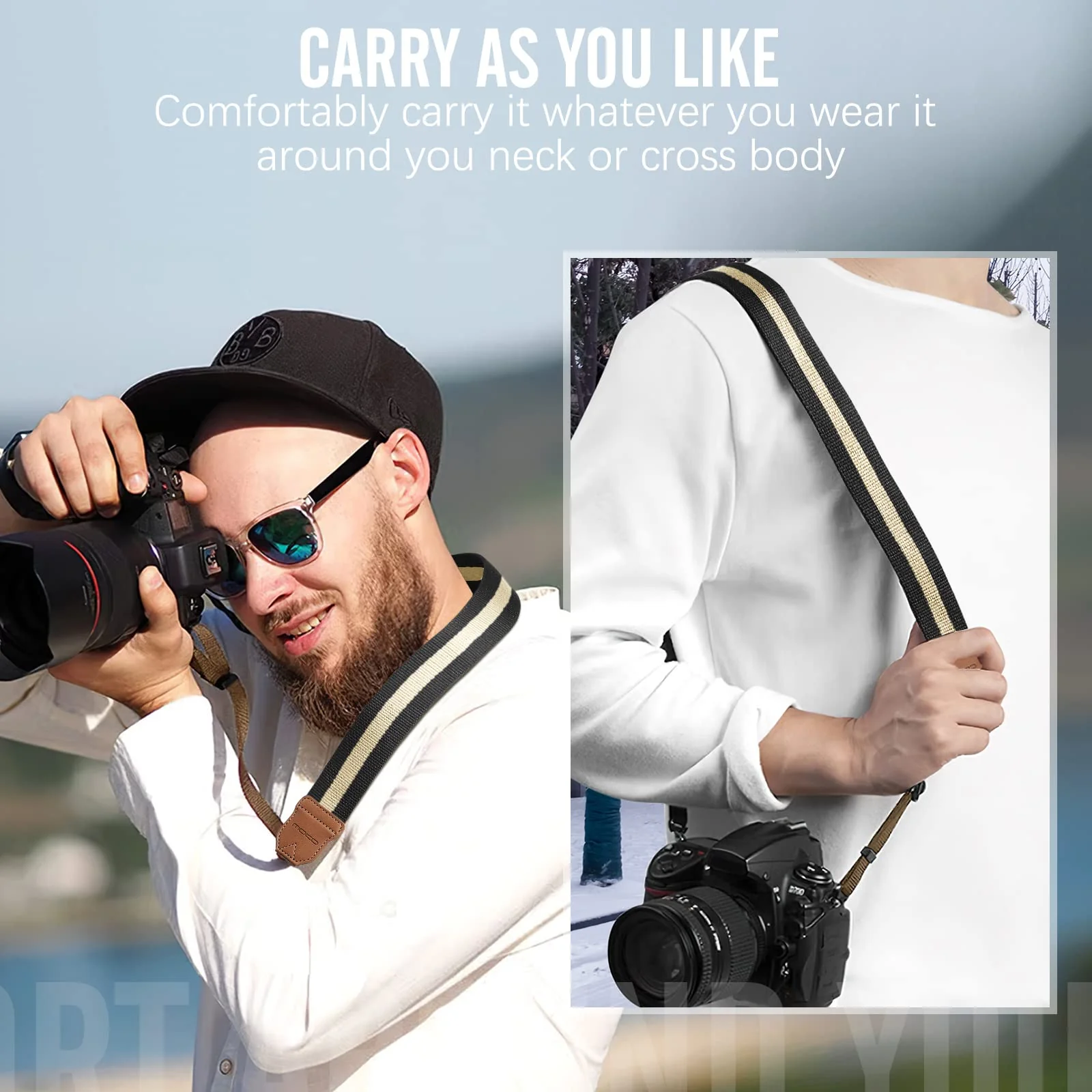 MoKo Camera Strap, Cotton Woven Camera Strap, Adjustable Universal Neck & Shoulder Strap for Video Camcorder, Binoculars, and Nikon/Canon/Sony/Minolta/Panasonic/SLR/DSLR Digital Cameras, Black & Beige E-black & Beige - Image 6
