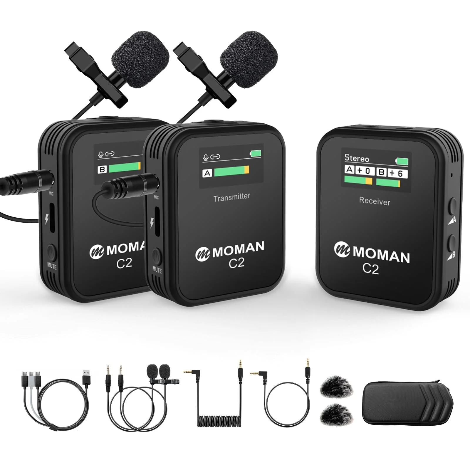 Moman Wireless Lavalier Microphone C2X, 2.4G Dual Transmitter Lapel Mic 656FT 8H for Online Class Vlog Stream YouTube for Camera Smartphone Tablet (C2X Dual) C2X Dual