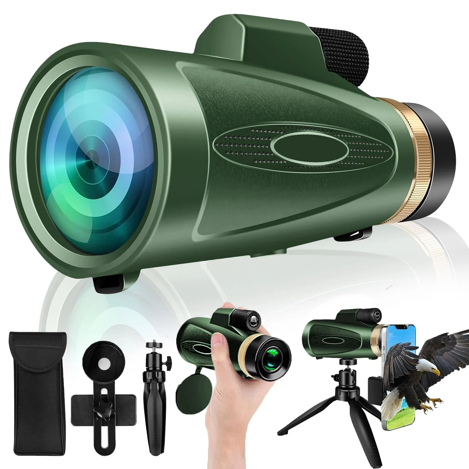 Monocular-Telescope 80x100 HD for Adults Larger Vision Monoculars High Powered Smartphone Monocular for Bird Watching Hunting Hiking Camping Wildlife Green