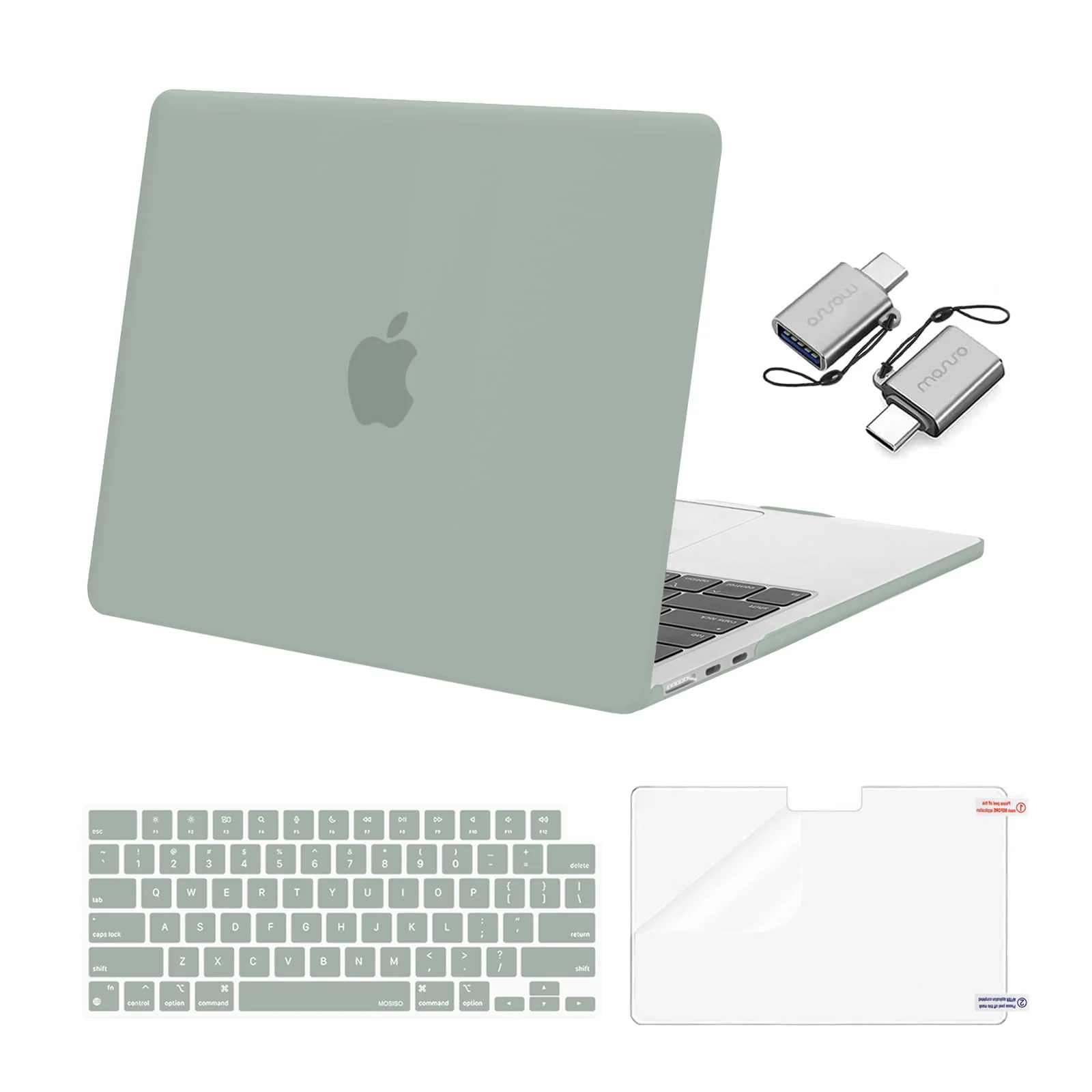 MOSISO Compatible with MacBook Air 13.6 inch Case 2022 2023 2024 Release M3 A3113 M2 A2681 with Touch ID, Plastic Hard Shell Case&Keyboard Cover&Screen Protector&Type C Adapter 2 Pack, Antique Green