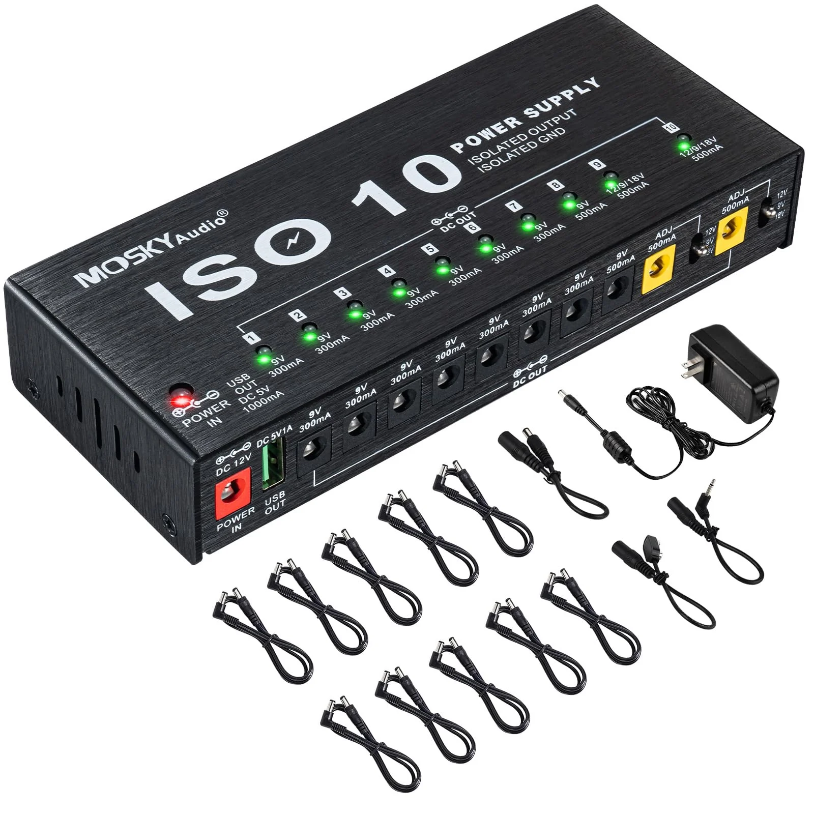Mosky Guitar Pedal Power Supply 10 Isolated DC Output, 9V 12V 18V 300mA 500mA Effect Pedal Boards Power Supply with USB Port, Short Circuit Overcurrent Protection 1345
