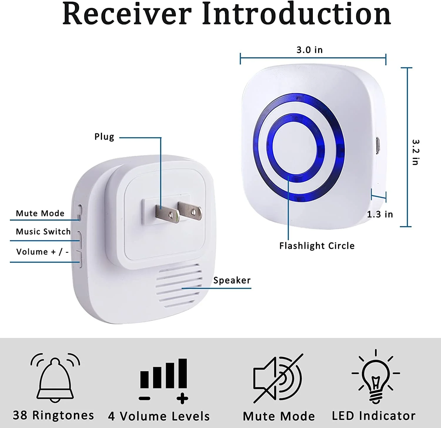 Motion Sensor Alarm, Long Range Wireless Driveway Alarm, Indoor Home Security System Electric Doorbells, 4 Motion Detector and 2 Alarm, 38 Chime Tunes, LED Indicator 2 alarm + 4 detector - Image 2