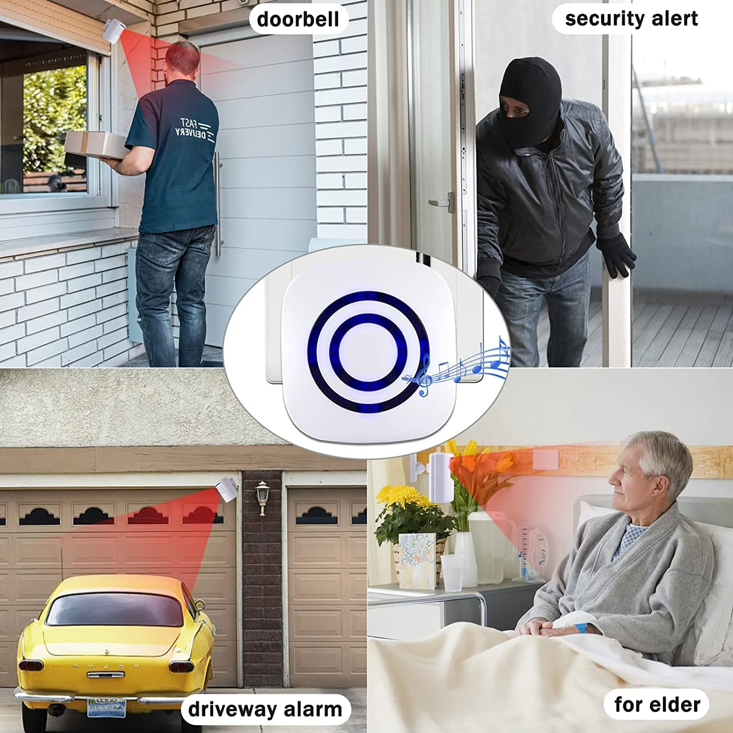 Motion Sensor Alarm, Long Range Wireless Driveway Alarm, Indoor Home Security System Electric Doorbells, 4 Motion Detector and 2 Alarm, 38 Chime Tunes, LED Indicator 2 alarm + 4 detector - Image 6