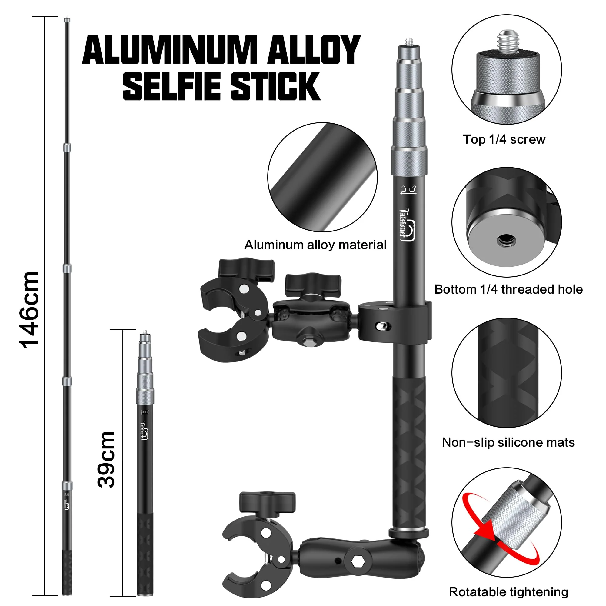 Motorcycle Bike Handlebar Double clamp Mount with 59" Invisible Selfie for insta360 X4/X3/X2/XONE/GO2/3(locking anti-fall version) - Image 3