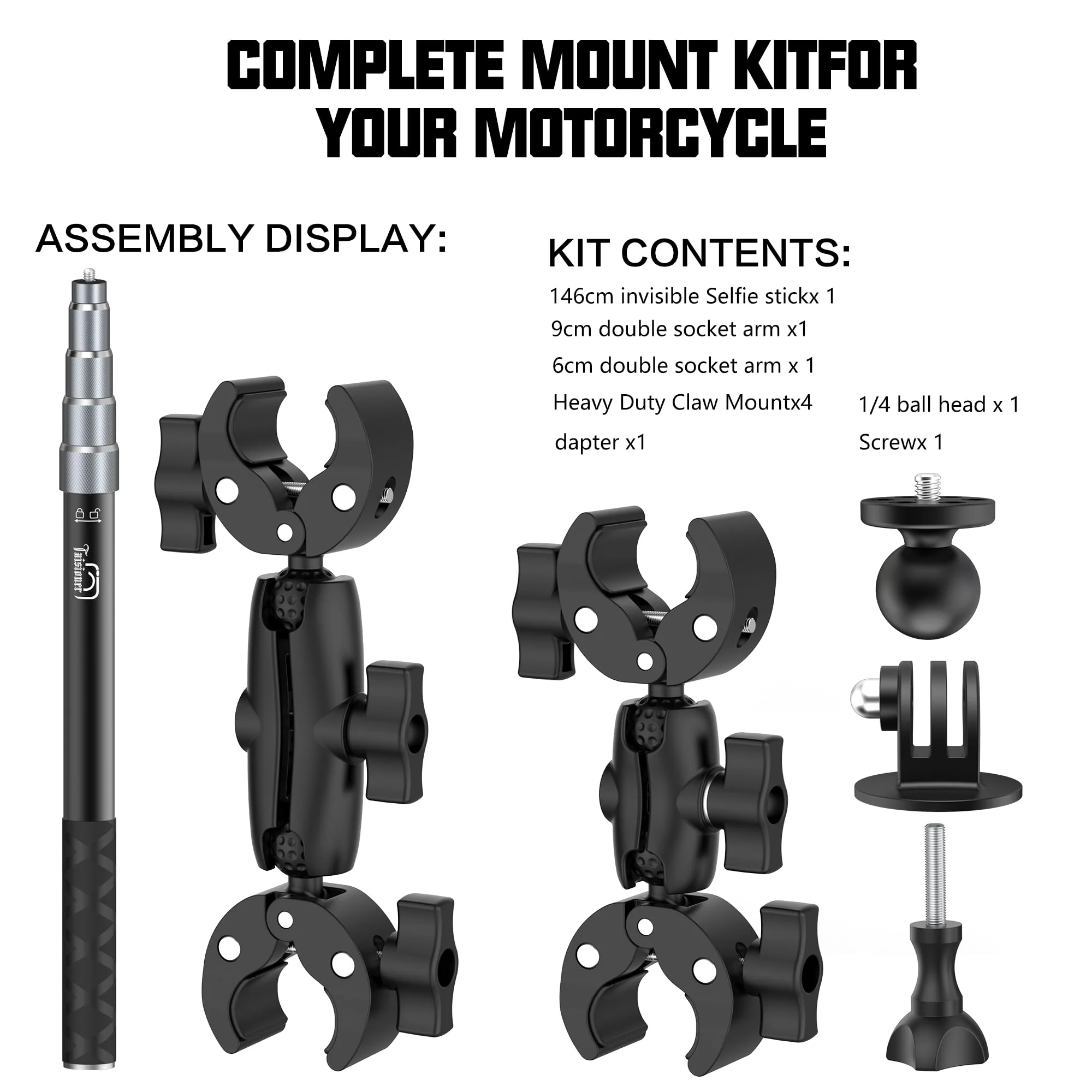 Motorcycle Bike Handlebar Double clamp Mount with 59" Invisible Selfie for insta360 X4/X3/X2/XONE/GO2/3(locking anti-fall version) - Image 7