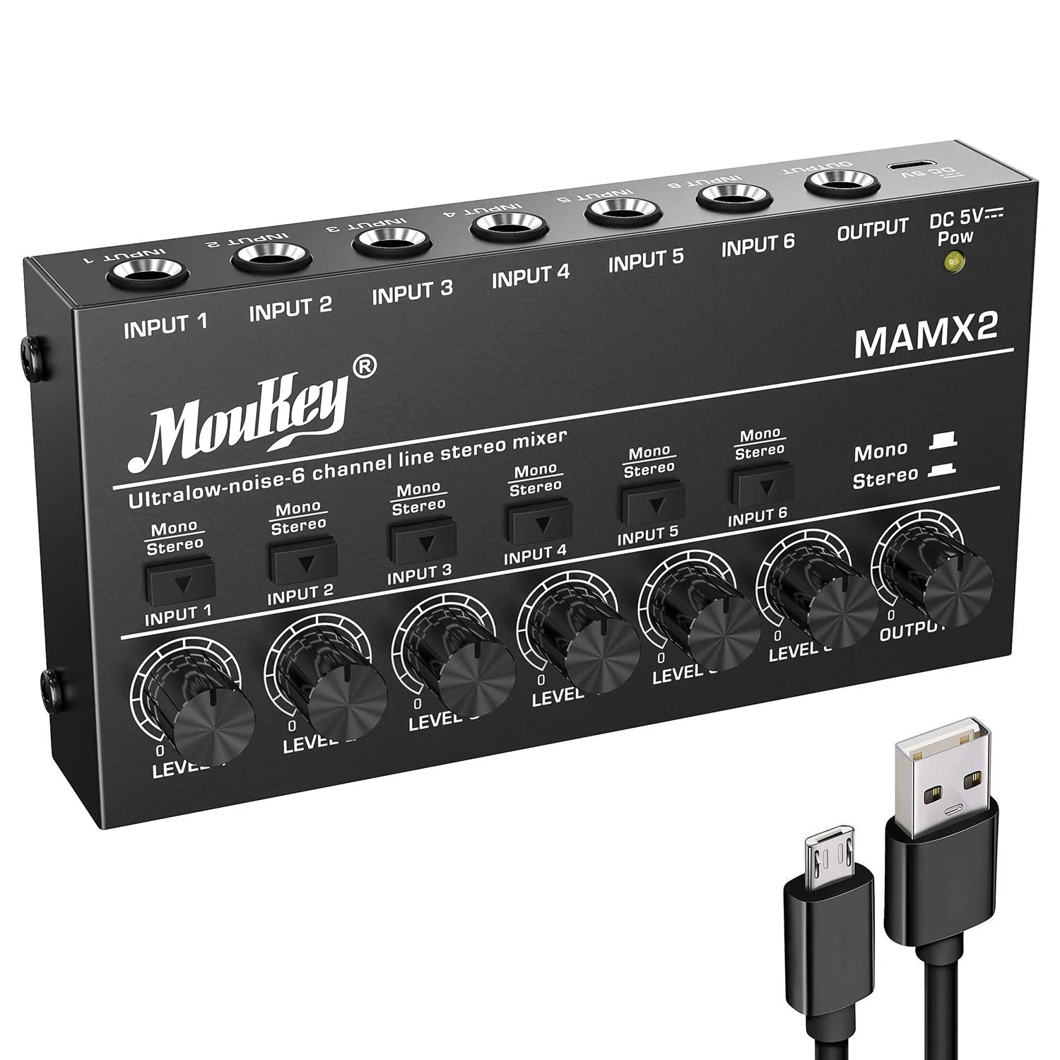 Moukey Audio Mixer, DC 5V, 6 Stereo Ultra, Low Noise 6 Channel Line Mixer for Sub-Mixing, for Small Clubs or Bars, As Guitars, Bass, Keyboards Mixer, MAMX2 Medium (6-channel)