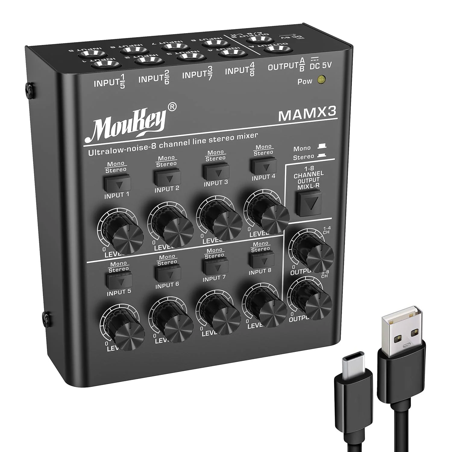 Moukey Audio Mixer, DC 5V, 8 Stereo Ultra, Low Noise 8 Channel Line Mixer for Sub-Mixing, for Small Clubs or Bars, As Guitars, Bass, Keyboards Mixer, MAMX3 Large (8-channel)