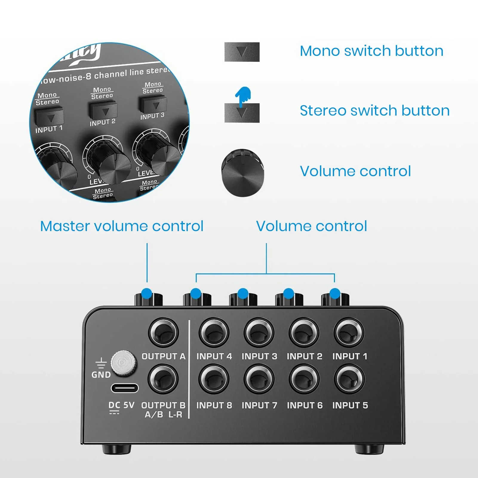 Moukey Audio Mixer, DC 5V, 8 Stereo Ultra, Low Noise 8 Channel Line Mixer for Sub-Mixing, for Small Clubs or Bars, As Guitars, Bass, Keyboards Mixer, MAMX3 Large (8-channel) - Image 4