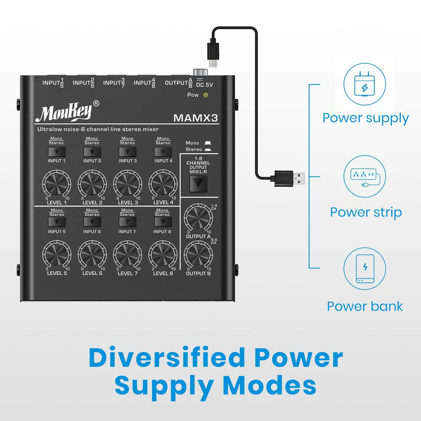 Moukey Audio Mixer, DC 5V, 8 Stereo Ultra, Low Noise 8 Channel Line Mixer for Sub-Mixing, for Small Clubs or Bars, As Guitars, Bass, Keyboards Mixer, MAMX3 Large (8-channel) - Image 5