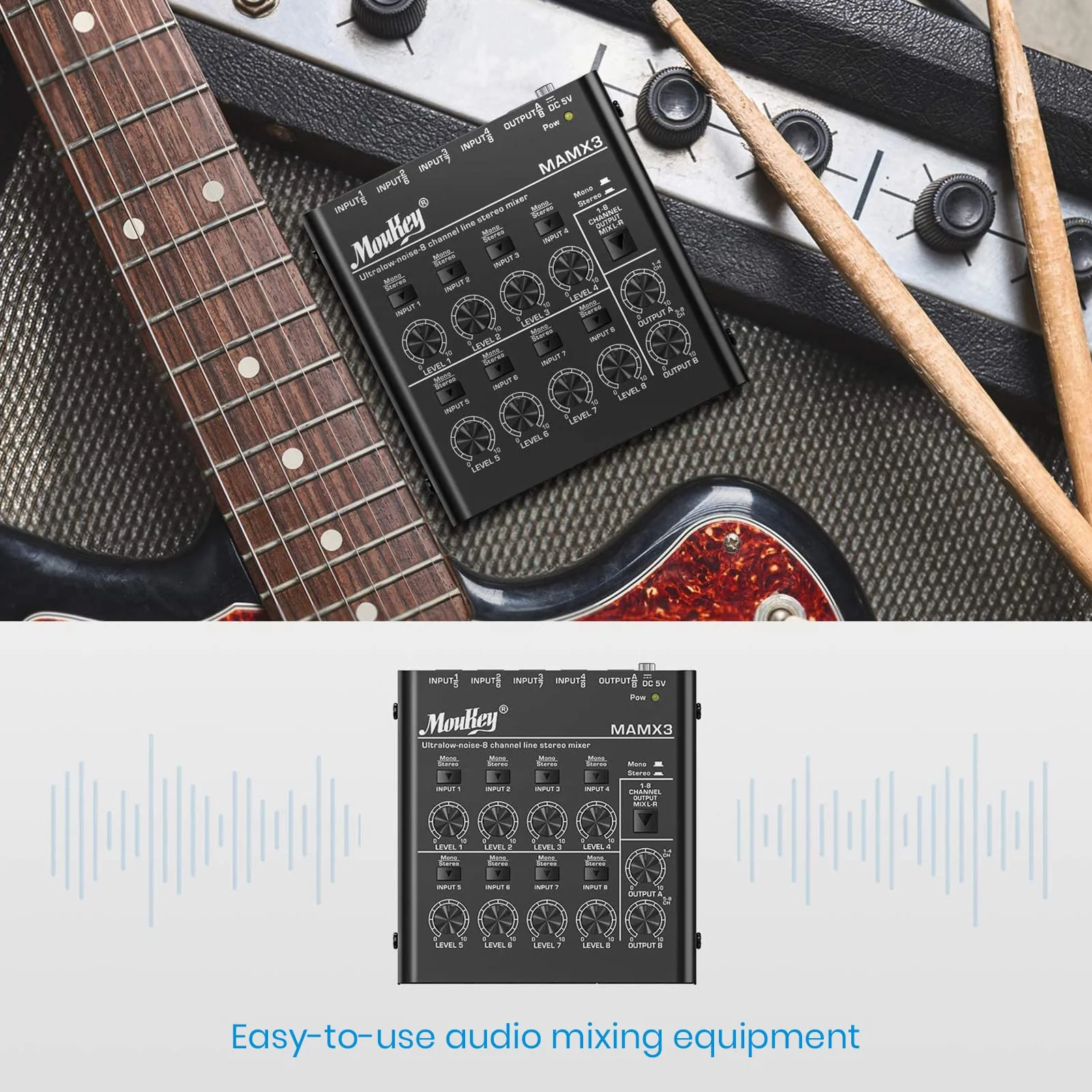 Moukey Audio Mixer, DC 5V, 8 Stereo Ultra, Low Noise 8 Channel Line Mixer for Sub-Mixing, for Small Clubs or Bars, As Guitars, Bass, Keyboards Mixer, MAMX3 Large (8-channel) - Image 6