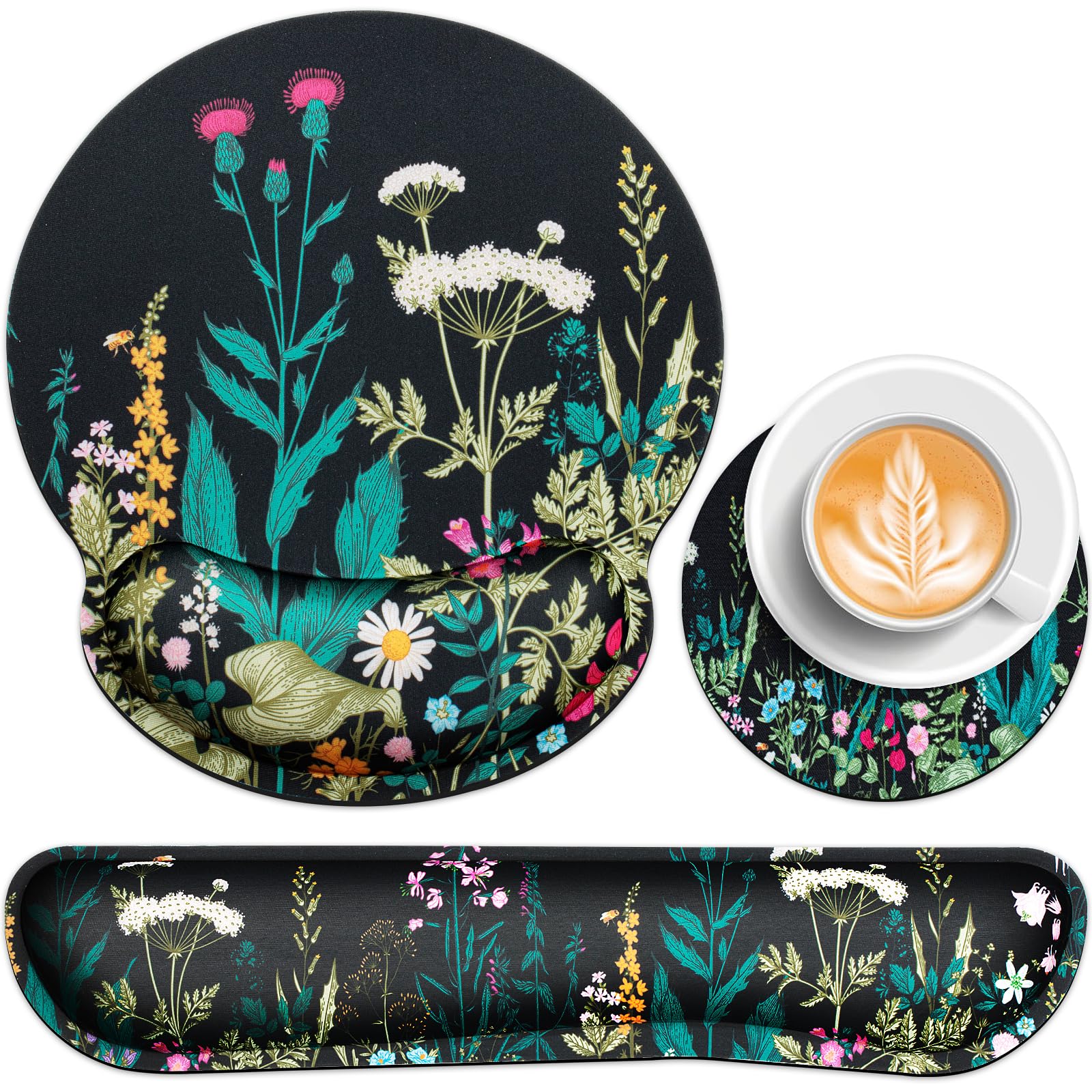 Mouse Pad with Wrist Rest Set,Qomolama 3-in-1 Wrist Support Mouse Pad Set,Gaming Mouse Pad with Anti-Skid Base,Ergonomic Mouse Pad,Memory Foam Keyboard Gel Wrist Rest Flowers & Plants