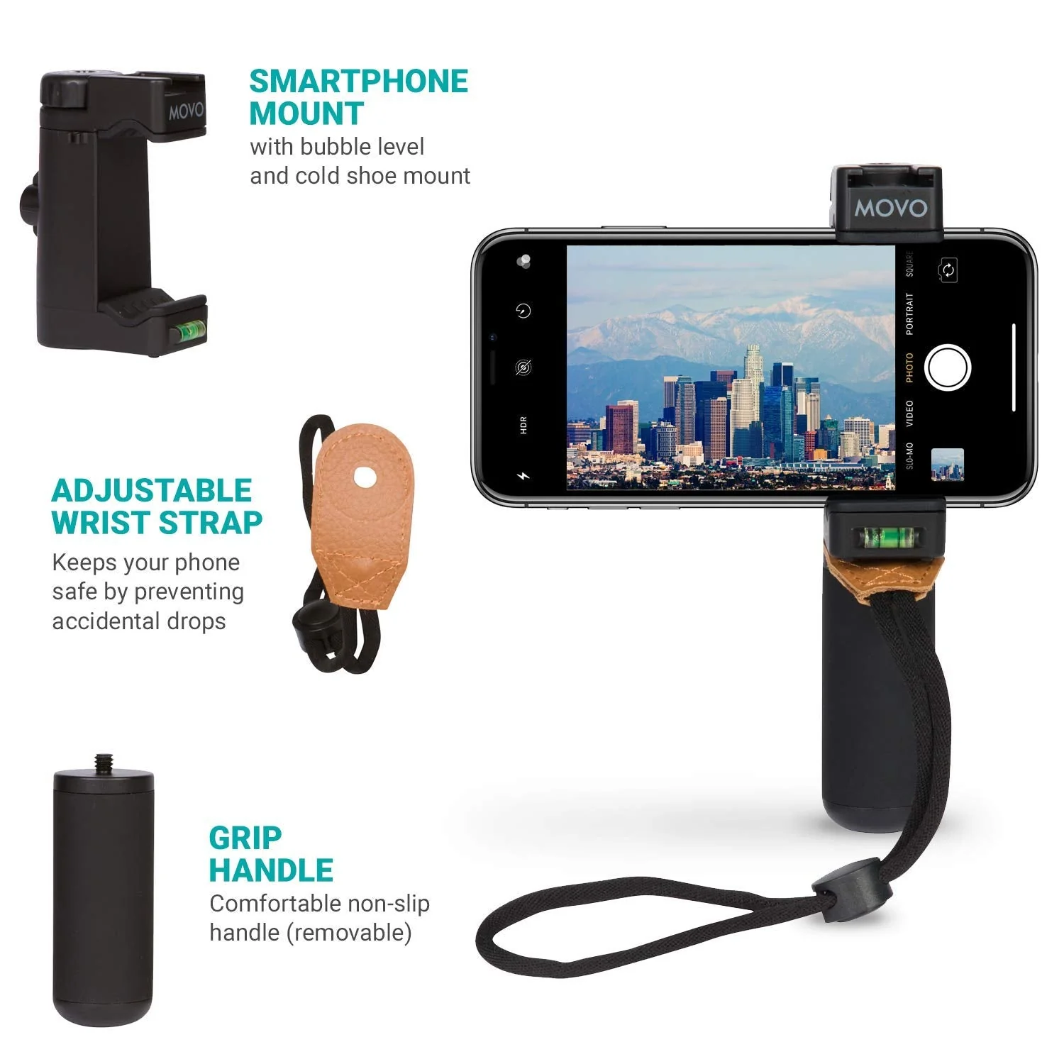 Movo PR-1 Smartphone Grip Handle Rig with Wrist Strap, Tripod Mount and Cold Shoe Mount for Lights and Microphones - for iPhone, Samsung, HTC, LG, Google, Android - Image 3