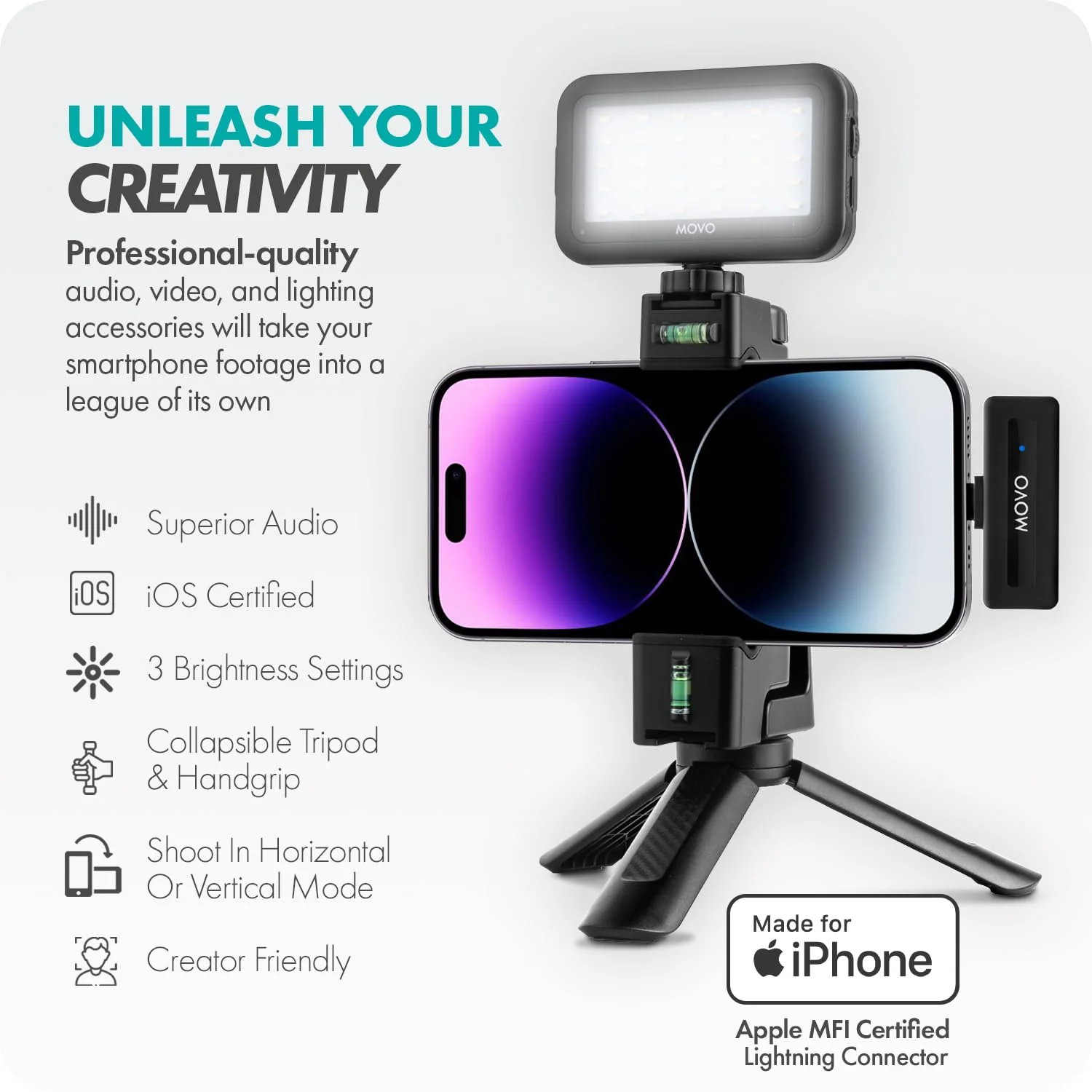 Movo VSK3 Wireless Vlogging Kit for iPhone: YouTube Starter Kit for Content Creators with Wireless Microphone, LED Light, Hand Grip & Mini Tripod - iPhone Vlogging Kit - Image 2