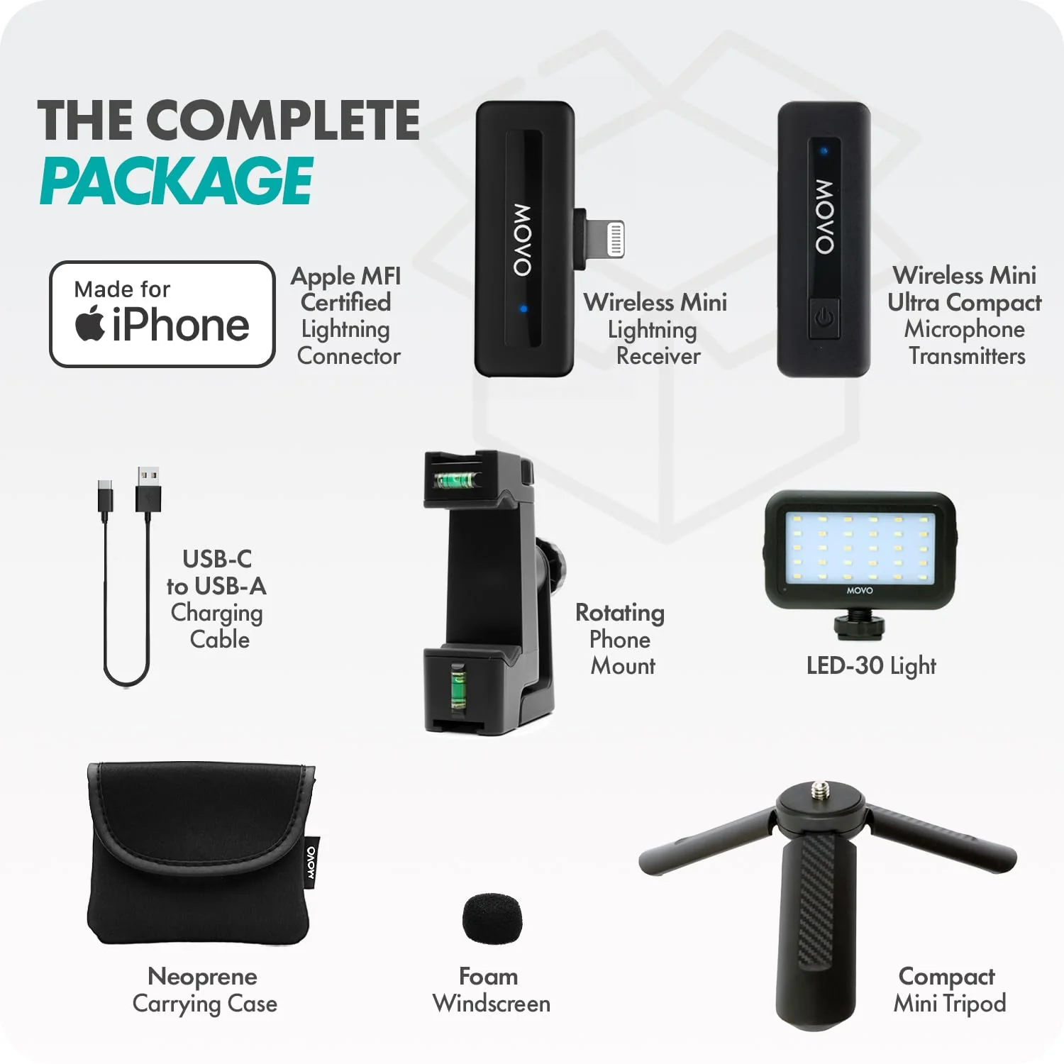 Movo VSK3 Wireless Vlogging Kit for iPhone: YouTube Starter Kit for Content Creators with Wireless Microphone, LED Light, Hand Grip & Mini Tripod - iPhone Vlogging Kit - Image 7
