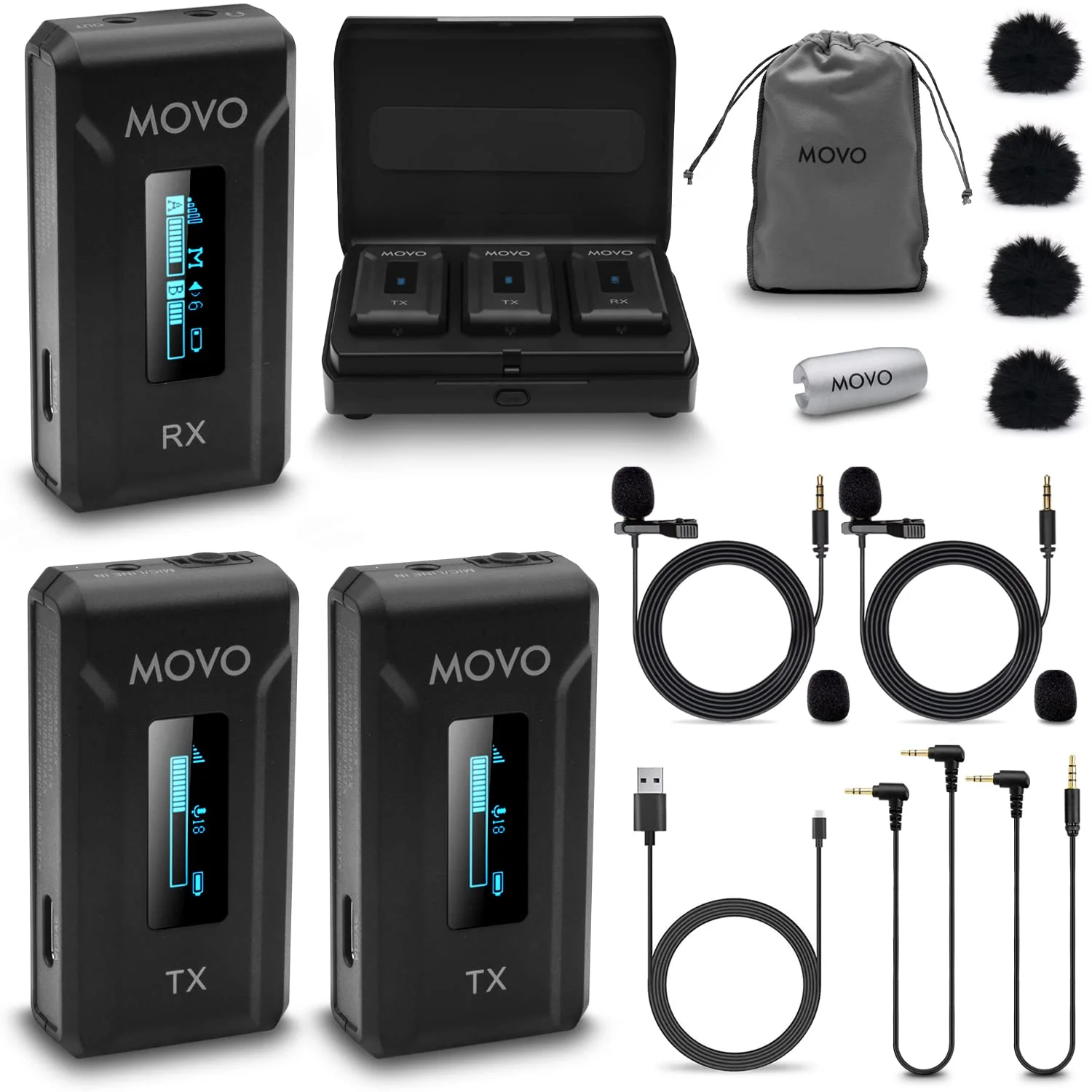 Movo WMX-2-DUO Wireless Camera Microphone Lapel Mic with Charging Case - Lav Mic, Wireless Lapel Microphone 2.4GHz Lavalier, Lav Mic for Vlogging, DSLR, Computer 2 Transmitters