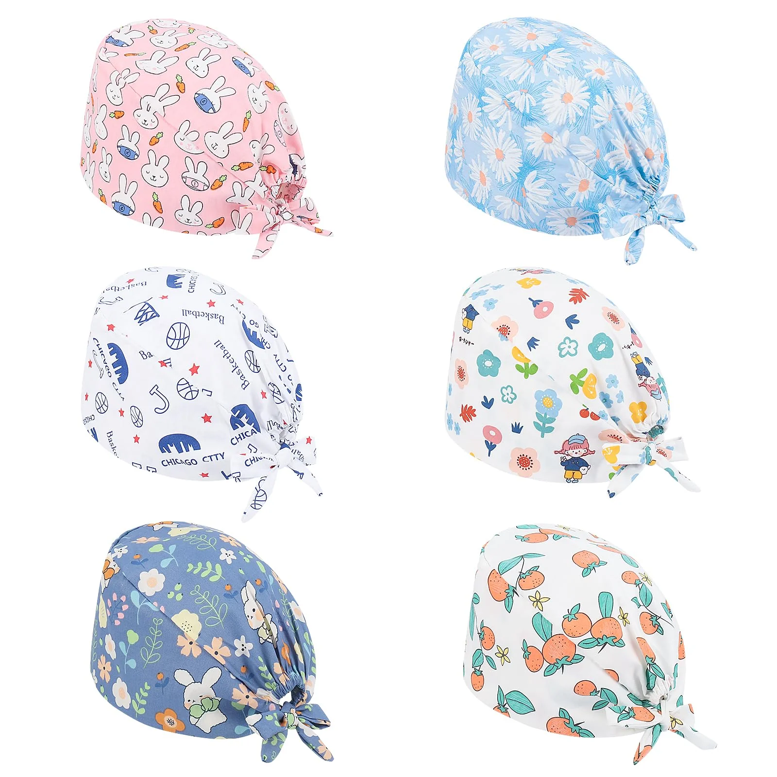 Moxiewell Pack of 6 surgical caps with laces, scrubbing cap, printed hat with button and cotton sweatband, adjustable, full hair cover, unisex doctor cap, multicoloured, 53