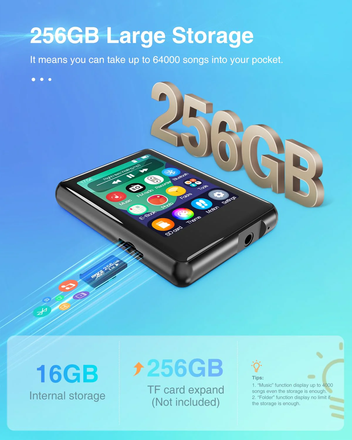 MP3 Player with Bluetooth 5.3,Tokemisc 16GB Full Touchscreen Kids Portable Music Device with Speaker,FM Radio,E-Book,Built-in Micro SD Card Slot,Earphones Included,Max 256GB Expand 16GB-BT-Black - Image 5