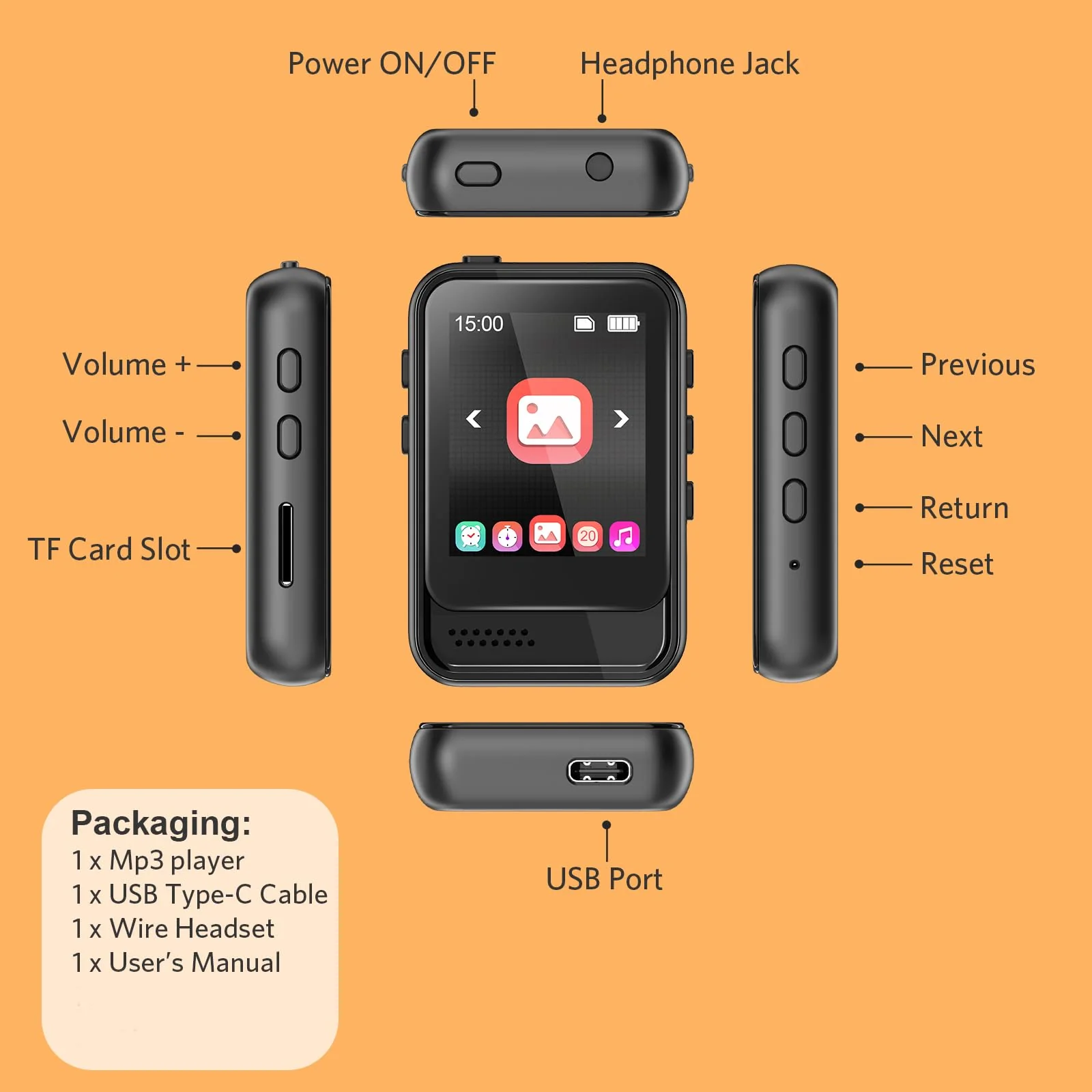 MP3 Player with Bluetooth,Portable Full Touchscreen Music Player with Speaker and Micro SD Card Slot,MP3 Player with FM Radio,Voice Recording,Earphone,for Kids and Outdoors,Max 256GB Expand 8GB - Image 3