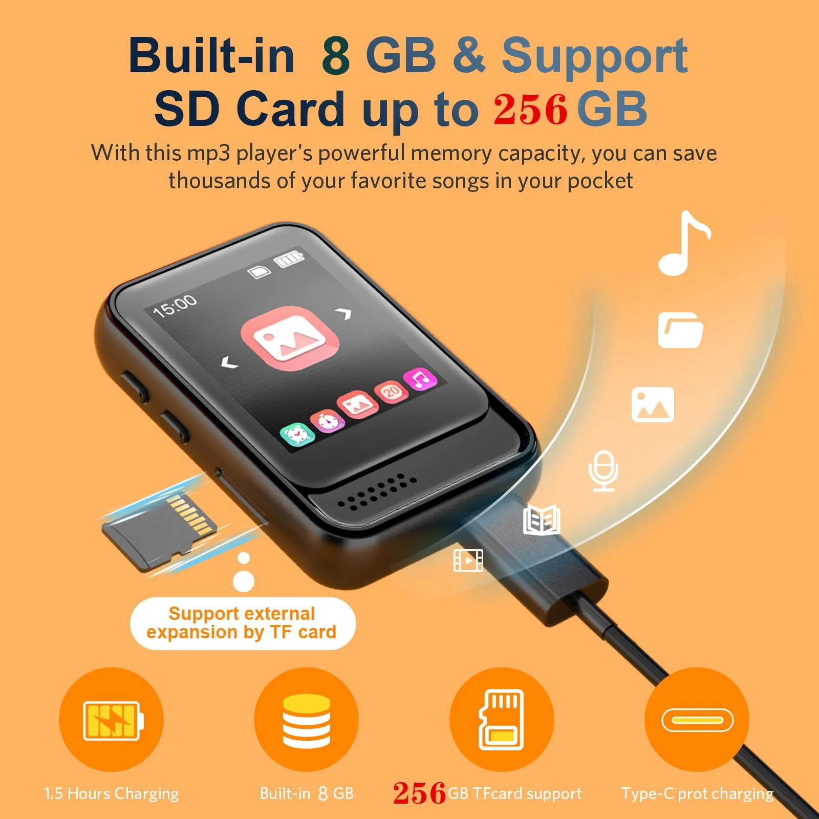 MP3 Player with Bluetooth,Portable Full Touchscreen Music Player with Speaker and Micro SD Card Slot,MP3 Player with FM Radio,Voice Recording,Earphone,for Kids and Outdoors,Max 256GB Expand 8GB - Image 5