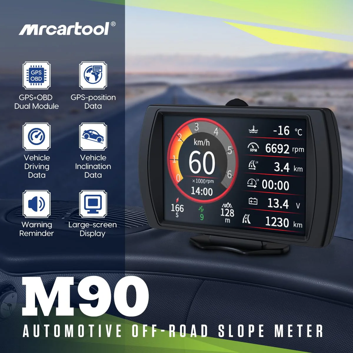MR CARTOOL M90 Car HUD Display OBD2 Inclinometer Offroad GPS, UTV Tilt Gauge 4x4 Truck Speedometer Car Compass for Jeep for All Vehicles (M90) - Image 3