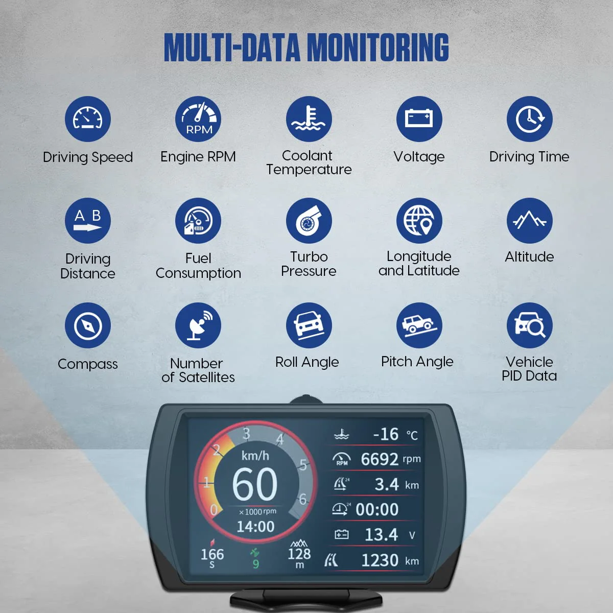 MR CARTOOL M90 Car HUD Display OBD2 Inclinometer Offroad GPS, UTV Tilt Gauge 4x4 Truck Speedometer Car Compass for Jeep for All Vehicles (M90) - Image 4