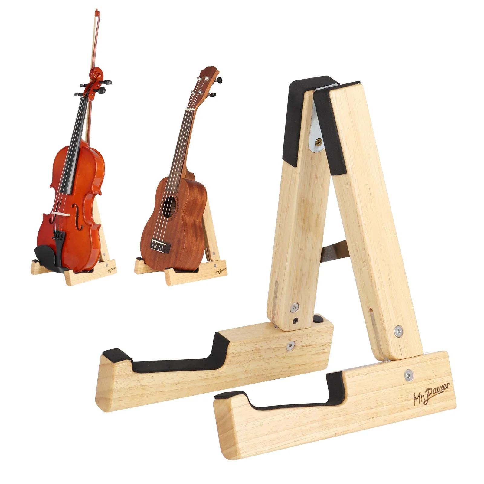 Mr.Power Oak Violin Stand with bow holder, Wood Soprano Ukulele Floor Stand, Portable A-Frame Folding Music Holder for Viola Small Guitar Musical Instrument, for Concert Home Studio Exhibition