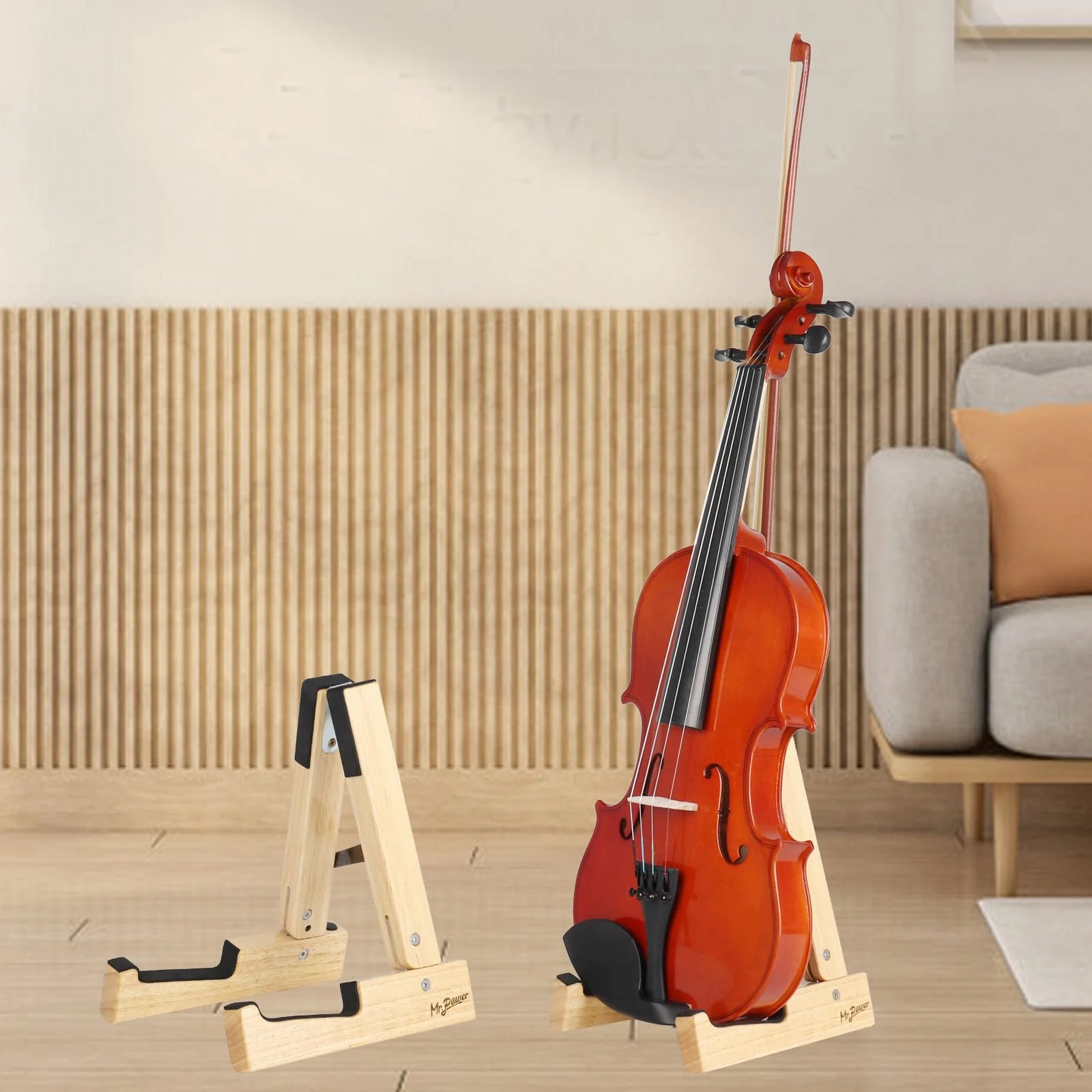 Mr.Power Oak Violin Stand with bow holder, Wood Soprano Ukulele Floor Stand, Portable A-Frame Folding Music Holder for Viola Small Guitar Musical Instrument, for Concert Home Studio Exhibition - Image 5