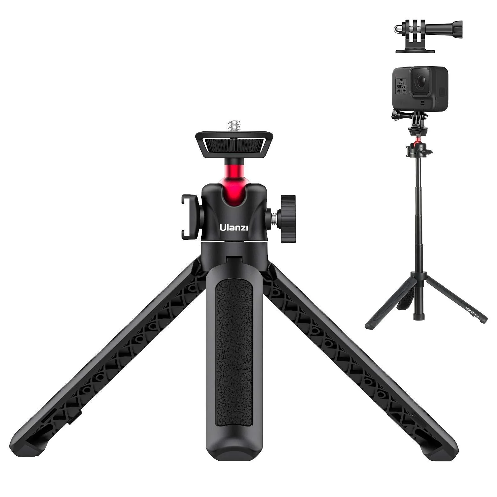 MT-16 Extendable Phone Camera Tripod, 4 Levels Adjustment 360° Ball Head Cold Shoe Lightweight Portable Vlog Travel Selfie Stick Handle Grip Desktop Webcam Tripod for iPhone DSLR Sony Gopro 10