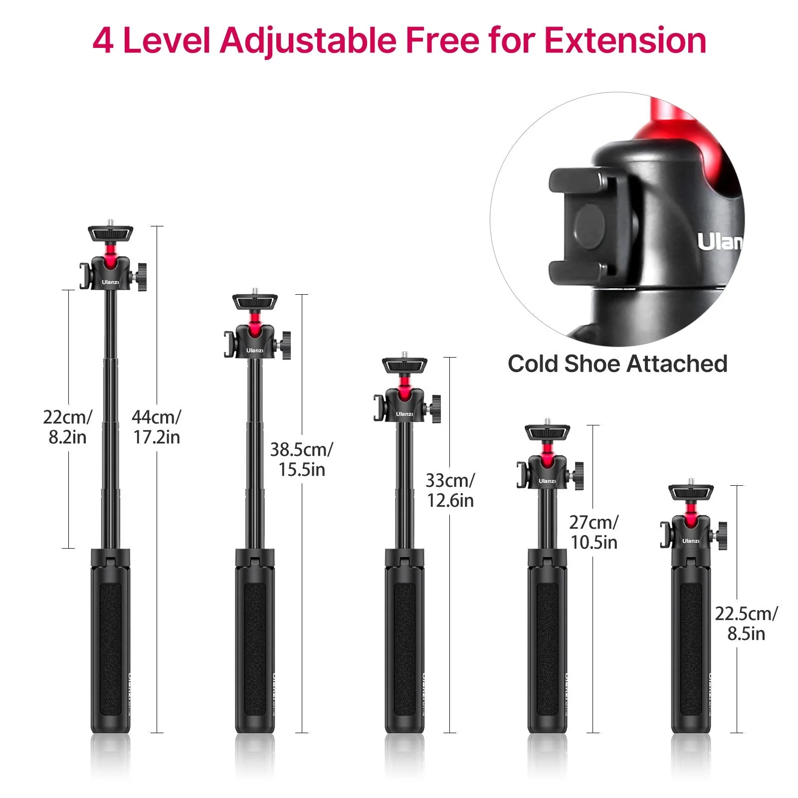 MT-16 Extendable Phone Camera Tripod, 4 Levels Adjustment 360° Ball Head Cold Shoe Lightweight Portable Vlog Travel Selfie Stick Handle Grip Desktop Webcam Tripod for iPhone DSLR Sony Gopro 10 - Image 4