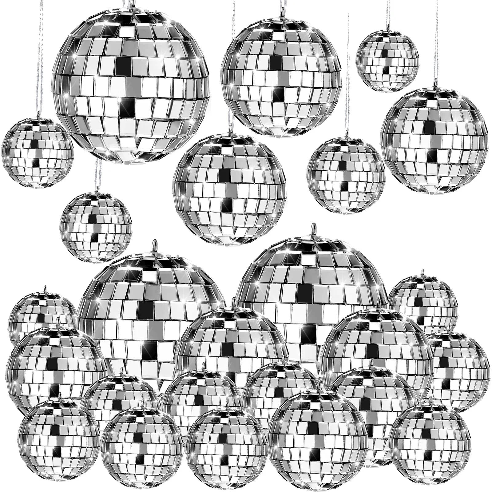 MTLEE 20 Pcs Mini Disco Ball Decoration Ornaments Hanging Mirror Disco Ball with Rope Cake Topper Different Size 70s Disco Themed Party Wedding Supplies(2.4 Inch, 2 Inch, 1.6 Inch, 1.2 Inch) 2.4 Inch, 2 Inch, 1.6 Inch, 1.2 Inch