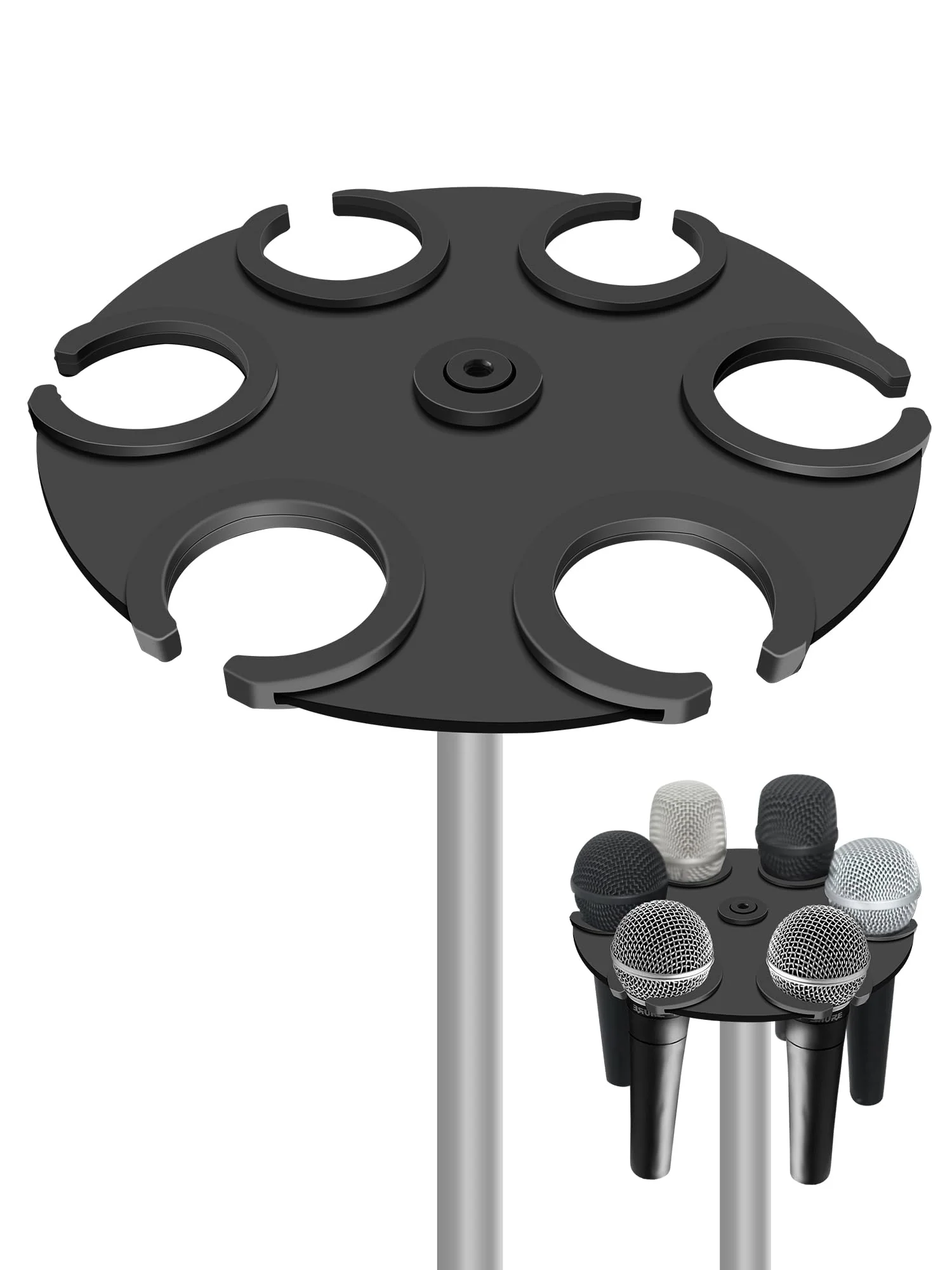 Multi-Mic Holder Up to 6 Mics (Aluminum/Rubber Padding) for Handheld Dynamic, Wired & Wireless Mics, Mic Stand Organizer, Mounts to 5/8"-27 or 3/8"-16 Threaded Stands