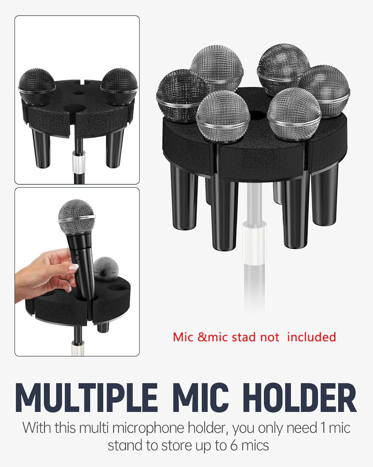 Multi Microphone Holder【Aluminum/Upgraded】Multi Mic Holder Up to 6 Mics, Wired and Wireless mic Holder for Stand, Multiple Microphone Holder for storage Organizer & Display, w/ 3/8"-16 Threaded - Image 2