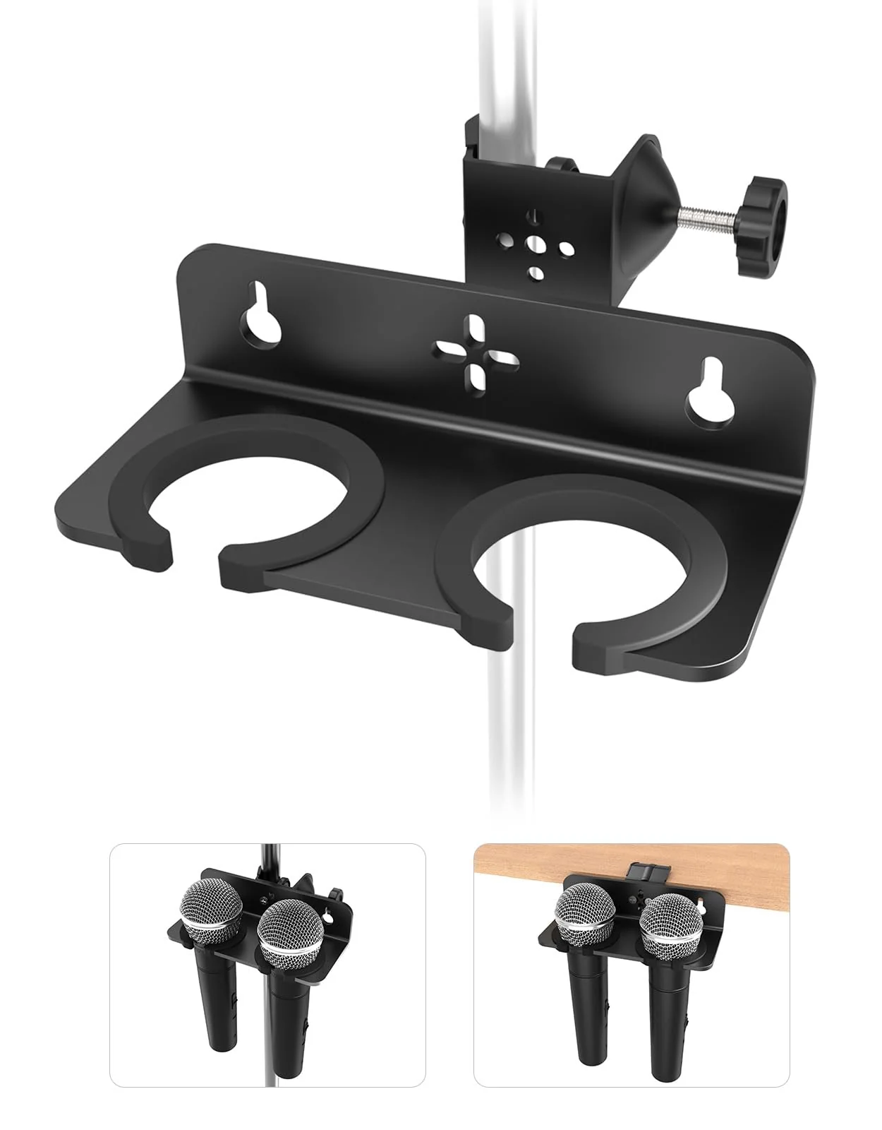 Multi Microphone Holder with Clamp (Aluminum/Rubber), Mount on Mic Stand & Desk Edge & Wall, Hold Up to 2 Wired/Wireless Handheld Mics, Ideal for Church, Street Performance, Home Studio, Karaoke