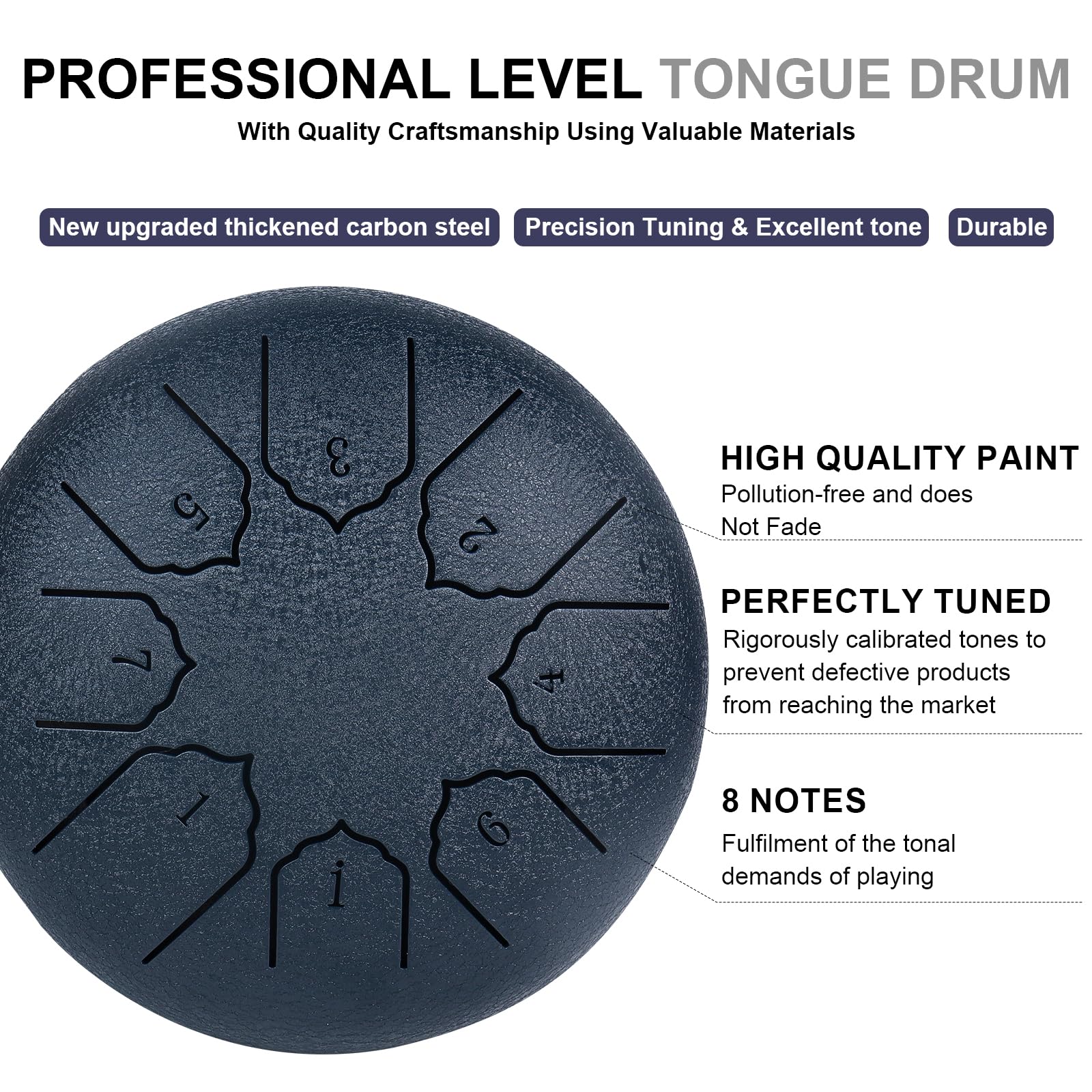 MUSCELL Steel Tongue Drum 6 Inches 8 Notes, Hand Drum with Bag, Music Book, Drumsticks, Mallet Holder and Finger Paddles, Thickened Carbon Steel, Continuous Echo for Meditation or Yoga (Navy Blue) Navy Blue - Image 2