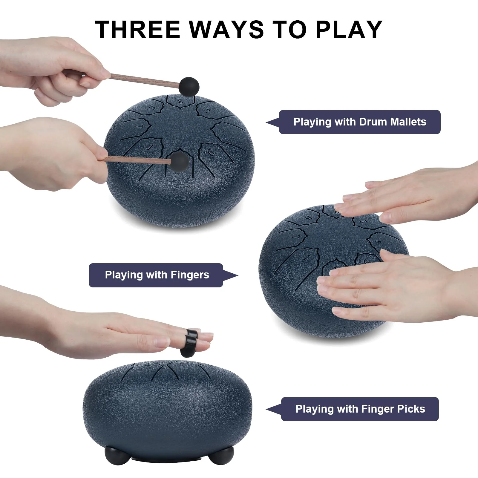 MUSCELL Steel Tongue Drum 6 Inches 8 Notes, Hand Drum with Bag, Music Book, Drumsticks, Mallet Holder and Finger Paddles, Thickened Carbon Steel, Continuous Echo for Meditation or Yoga (Navy Blue) Navy Blue - Image 4