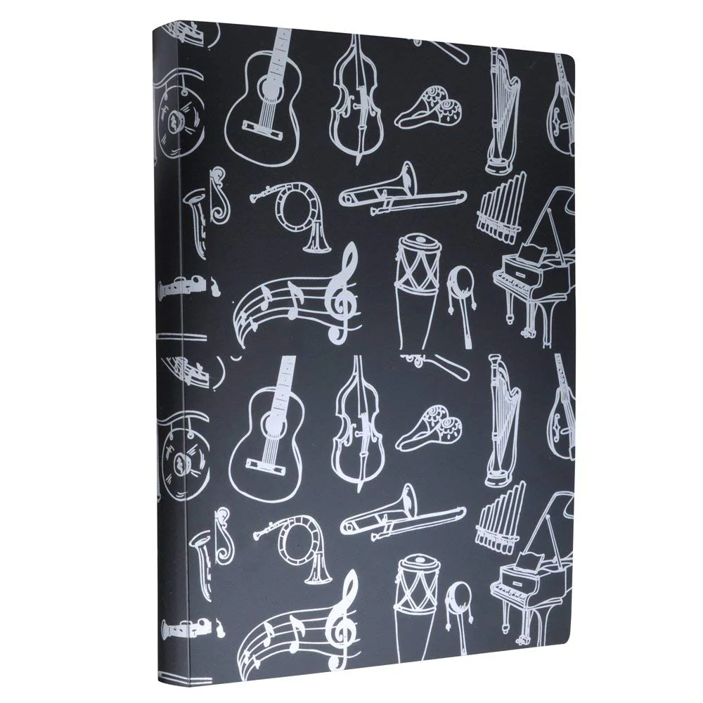 Music File Folder A4 Size Sheet Music Folder Paper Documents Music Themed 40 Pockets Storage Folder Cartoon Musical Instrument -Black