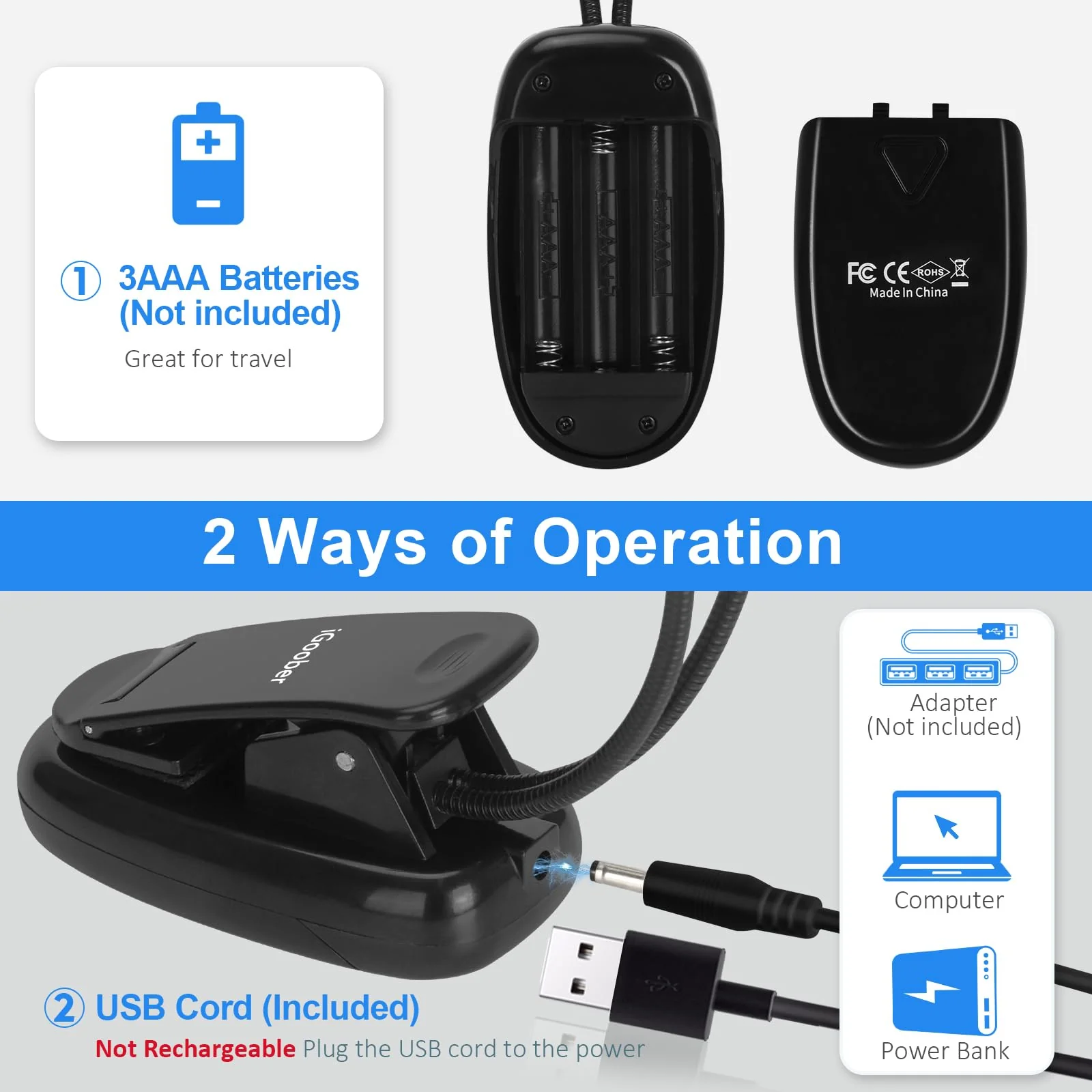 Music Stand Lights - Musician Piano Light Clip On, USB & AAA Battery Powered, Eye Care & Portable, 8 LED Book Reading Lamp, 2 Arm x 2 Brightness Levels, Ideal for Sheet Music,Orchestra, Guitar - Image 4