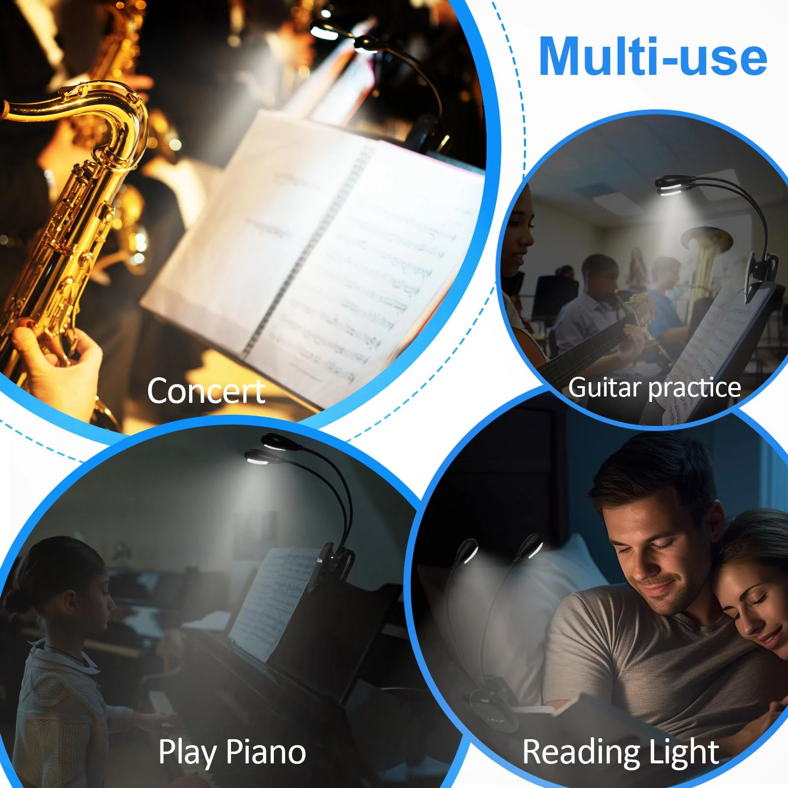 Music Stand Lights - Musician Piano Light Clip On, USB & AAA Battery Powered, Eye Care & Portable, 8 LED Book Reading Lamp, 2 Arm x 2 Brightness Levels, Ideal for Sheet Music,Orchestra, Guitar - Image 6