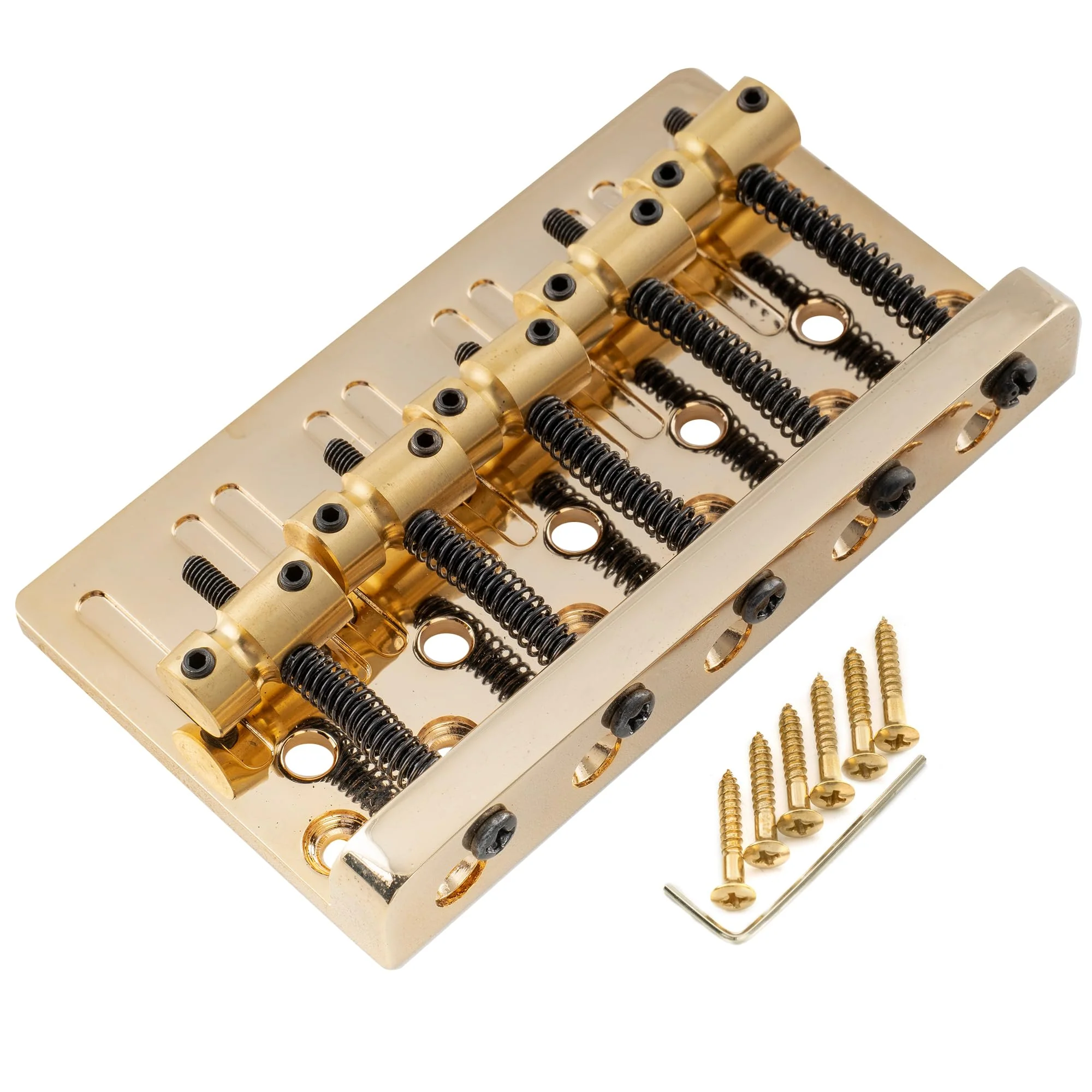 Musiclily Pro 17mm Heavy Duty 5-String Bass Bridge Dual Load with Brass Saddles Steel Plate for Fender Precision/Jazz Bass, Gold
