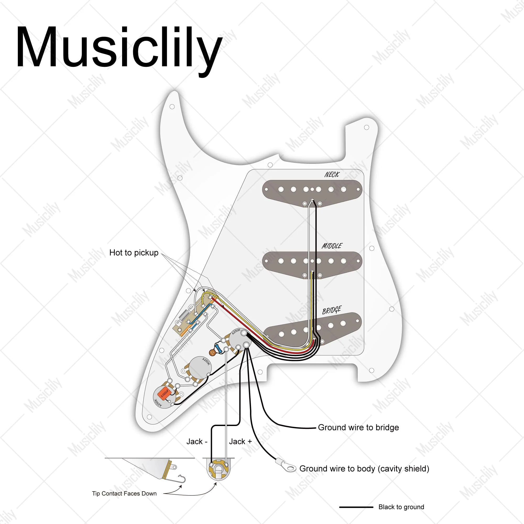 Musiclily Pro ST Electric Guitar DIY Wiring Kit Upgrade for American Strat Style SSS with 5-Way Switch and A250K Pots, Nickel Jack American Style DIY Wiring Kit-Nickel Jack - Image 2