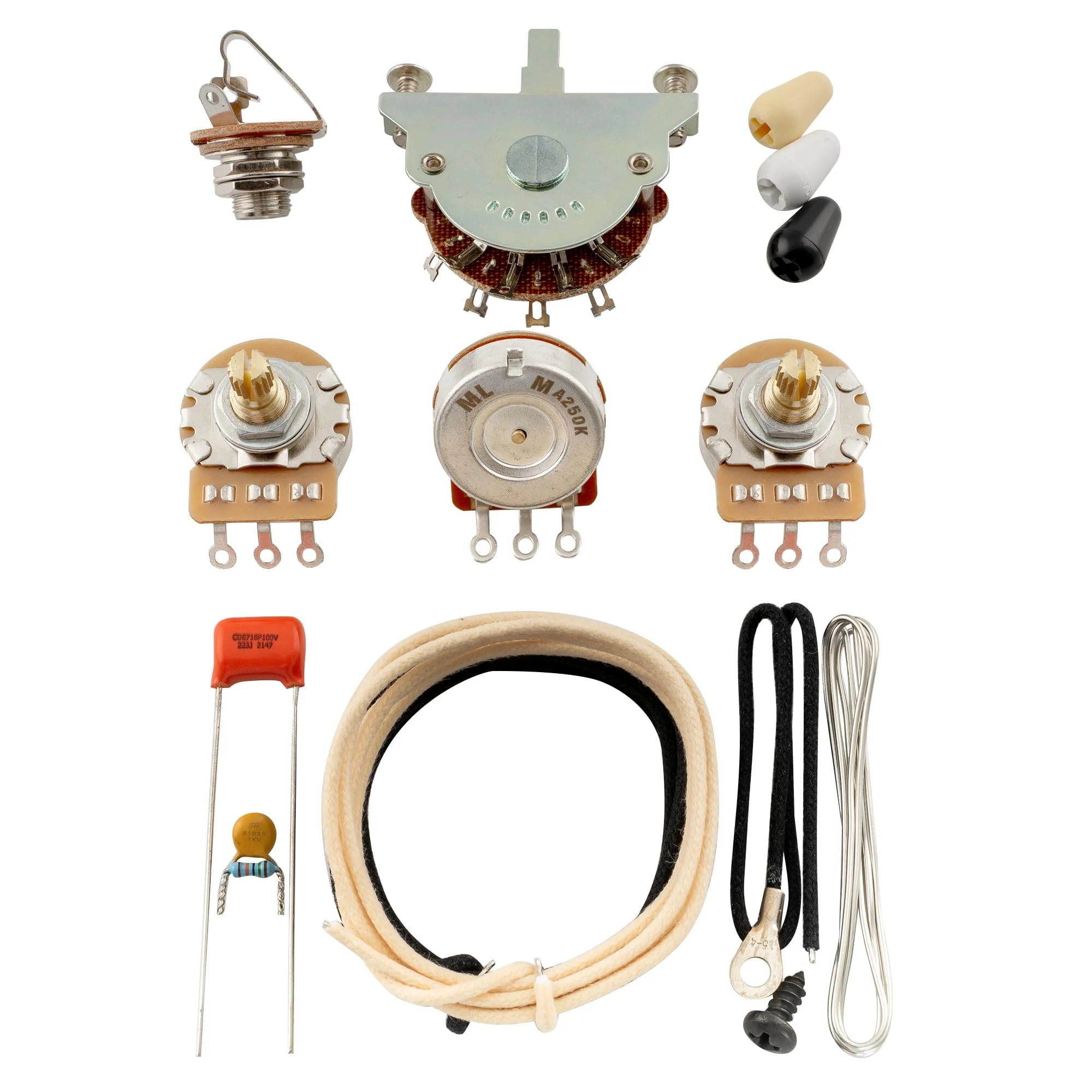 Musiclily Pro ST Electric Guitar DIY Wiring Kit Upgrade for American Strat Style SSS with 5-Way Switch and A250K Pots, Nickel Jack American Style DIY Wiring Kit-Nickel Jack - Image 4