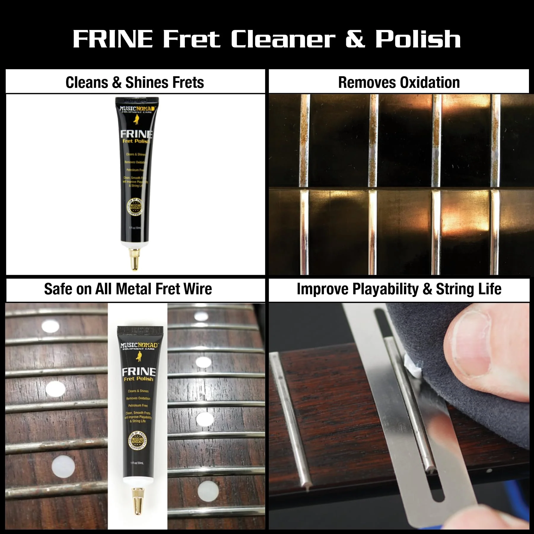 MusicNomad 5 pc. Guitar Cleaning & Care Kit: Cleaner, Fret Polish, Fretboard Oil, Nut Lubricant, Cloth for Guitar Body, Frets, Fretboard, Neck, Strings - Image 5