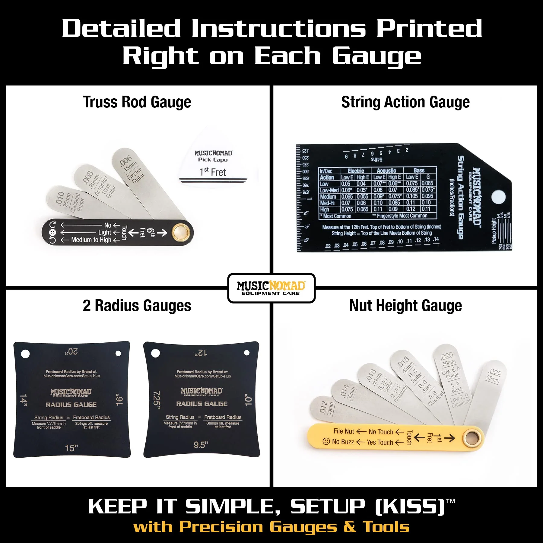 MusicNomad Precision 6 pc. Guitar Setup Gauge Tool Set - Plus 24 pg. Instructional Booklet and Storage Case (MN604) - Image 4
