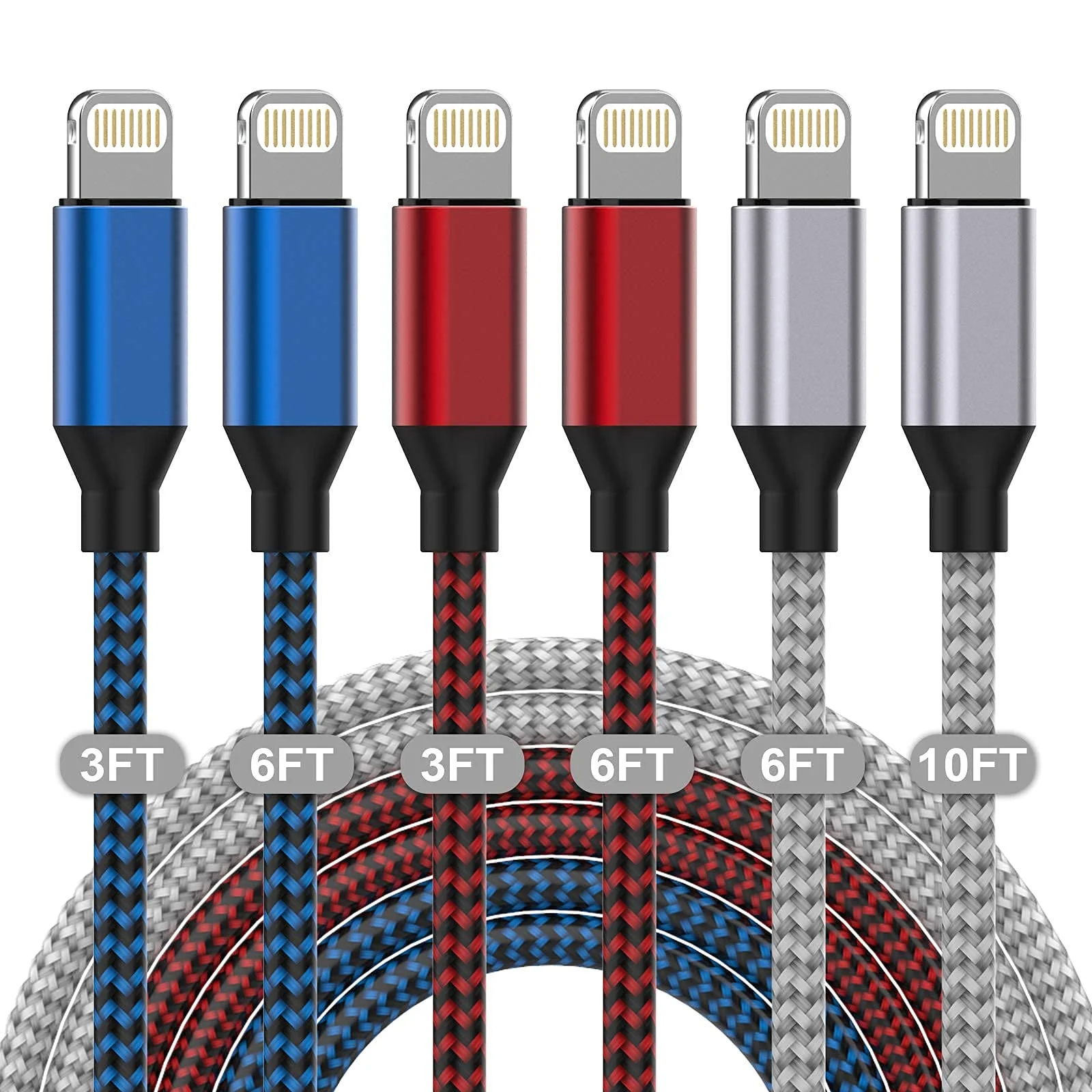 MUXA iPhone Charger [Apple MFi Certified] 6Pack 3/3/6/6/6/10 FT Nylon Braided Fast Charging Lightning Cable Compatible iPhone 13 12 11 Pro Max XS X
