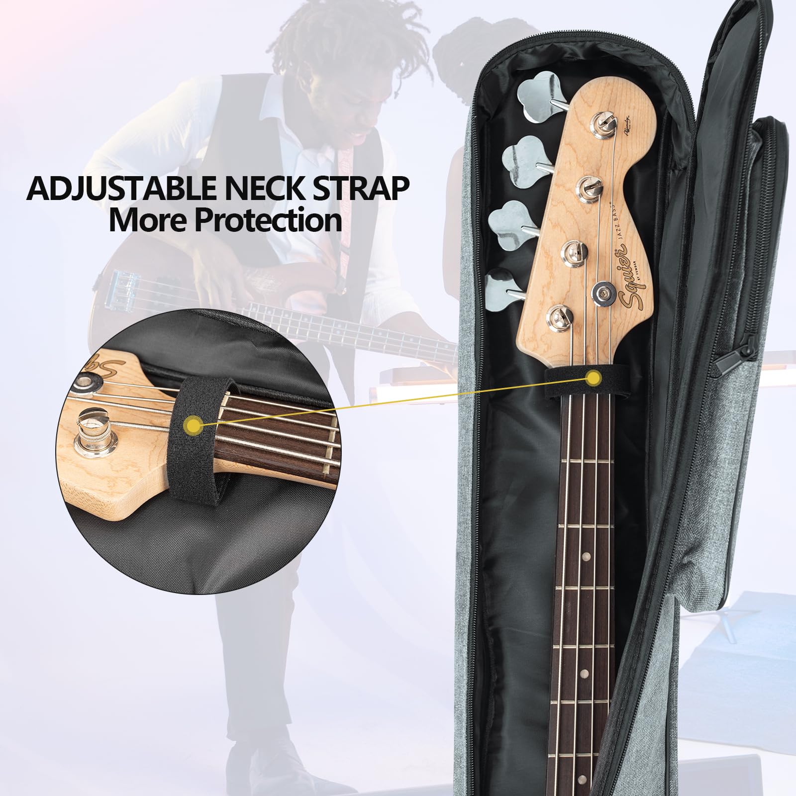 MUZNOTE Bass Guitar Case, Bass Guitar Gig Bag Backpack Electric Bass Guitar Bag Soft 0.45 inch Padding Lightweight with Pockets (Grey) Bass Guitar Bag-10mm - Image 3