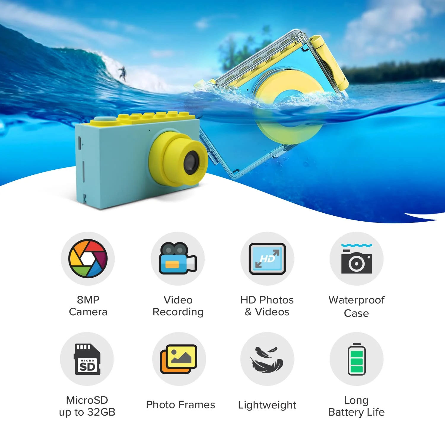 myFirst Camera 2-8MP Underwater Camera for Kids Waterproof Camera 1080P HD Video with Free 16GB Memory Card Shockproof Case Action Camera Birthday Gift for Girls Boys Age 4 5 6 7 8 year old (Blue) Blue - Image 5
